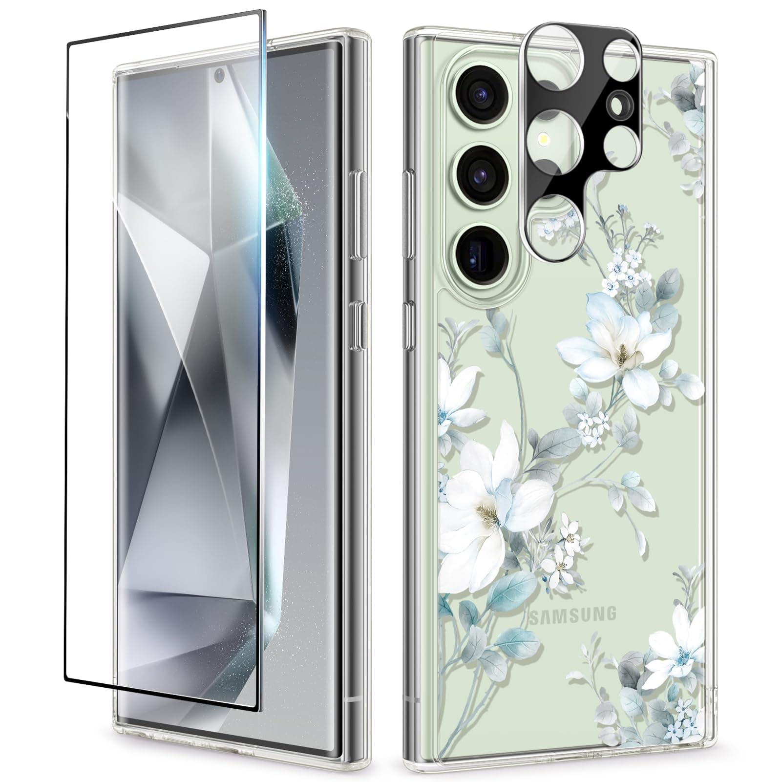 GVIEWINfor Samsung Galaxy S24 Ultra Case with Screen Protector+Camera Protector, [MIL-Grade Drop Protection] Floral Clear Slim Shockproof Phone Cover for Women, Flower Designer (Serissan/White)