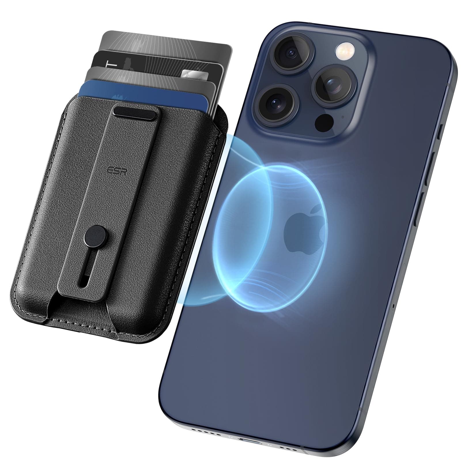 for MagSafe Wallet, iPhone Wallet with 5-Card Holder, Secure-Grip Finger Loop, Magnetic Card Holder for iPhone 17e/17/16/15/14/13/12 Series,Google Pixel 10,Not for 13/12 mini, Vegan Leather, Black