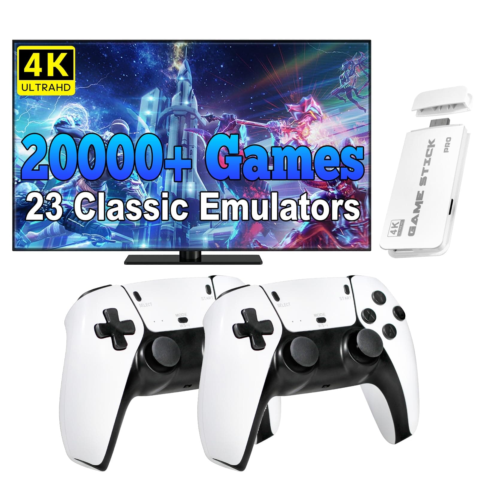 Retro Gaming Console, 20,000+ Retro Game Stick, 23 Emulators, 4K HD HDMI TV Game Stick, Includes 2 Wireless 2.4GHz Controllers,Plug & Play Video Games for TV(64GB), White