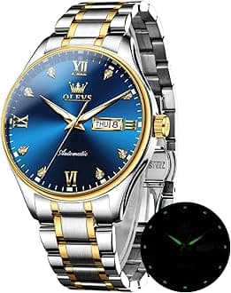 OLEVS Watch for Men Automatic Mechanical Self Winding Two Tone Stainless Steel Diamond Business Calendar Waterproof Luminous Wrist Watch Blue Dial