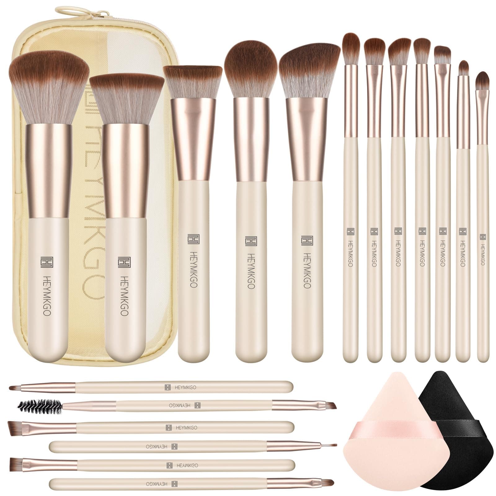 HEYMKGO Makeup Brushes Set, 18pcs Professional Brushes Set with 2 Powder Puff & Travel Bag, Premium Synthetic Foundation Powder Blush Blending Face Brush Kit, Eyeshadow Set Makeup Brushes & Tools