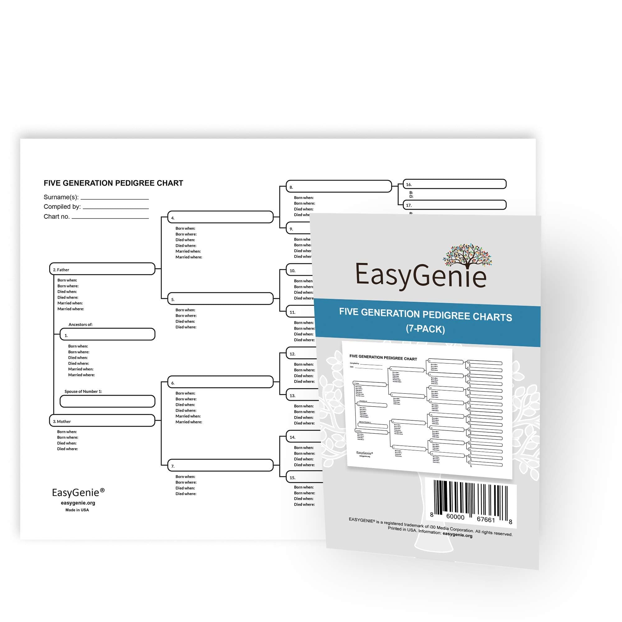 Five Generation Pedigree Charts for Genealogists (7-pack) | Archival-Quality Genealogy Forms