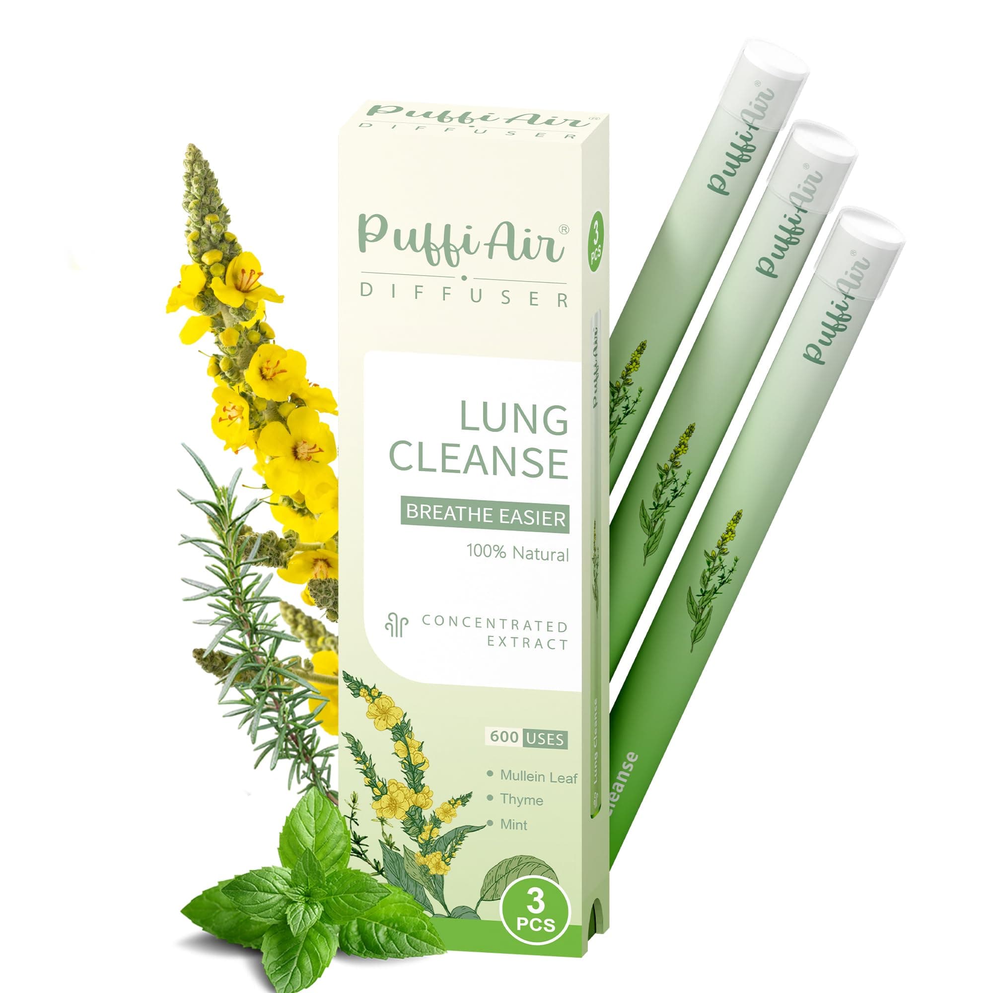 Herbal Diffuser Pen, Mullein Flavoured Lung Cleanse Inhaler, 12cm No Nicotine Inhaler with Mullein, Thyme & Mint Extracts, Green 1800 Uses