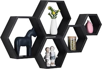 PHOENANCEE Hexagon Floating Shelves,Wall Mounted Wood Farmhouse Storage Honeycomb Shelf Set of 5,for Bathroom, Kitchen, Bedroom, Living Room,Office,Home Room Wall Decor Driftwood Finish