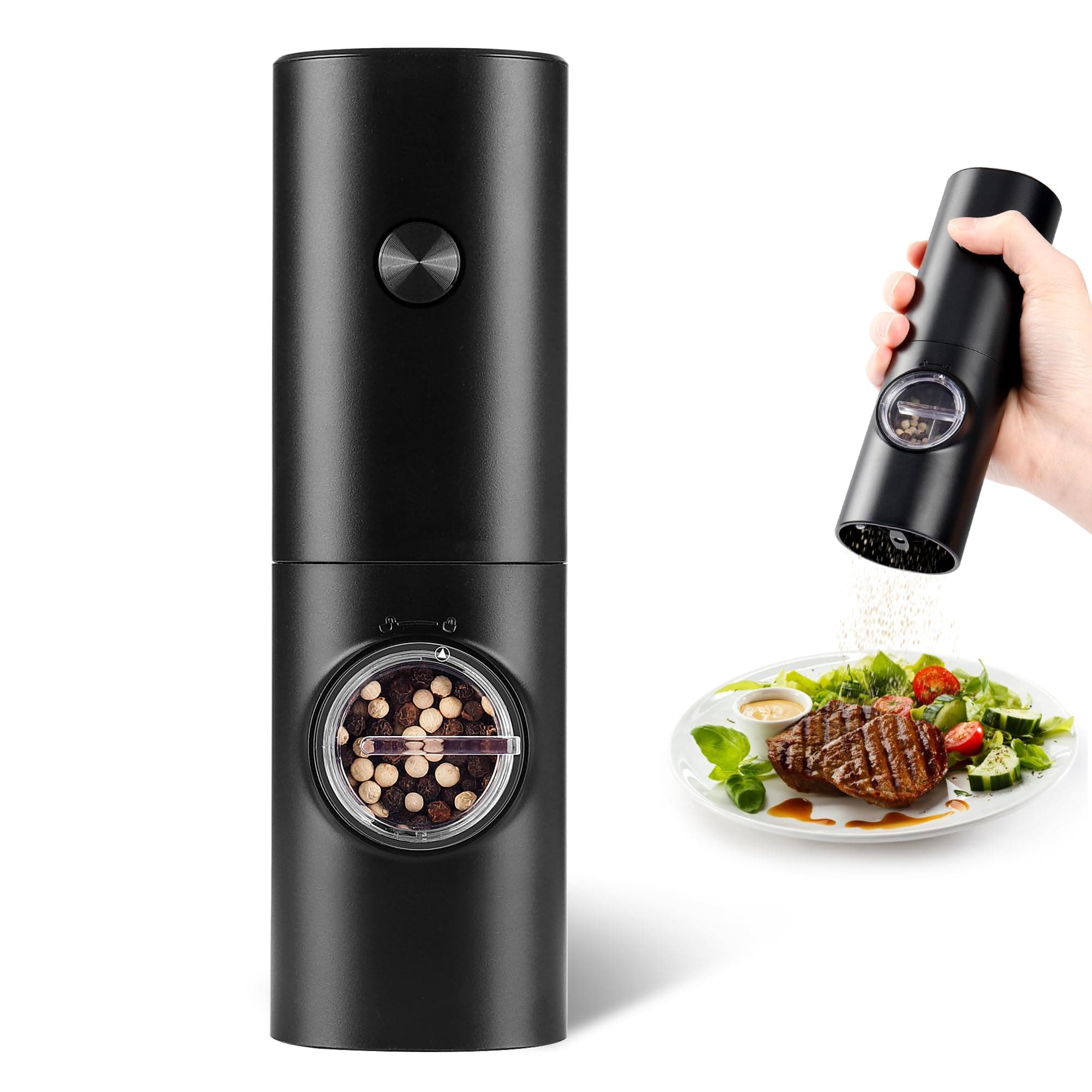 Gulex Electric Pepper Grinder or Salt Mill, Battery Powered Automatic Pepper Mill, Ceramic Grinder with Adjustable Coarseness, LED Light, One Hand Operation (1 pack)