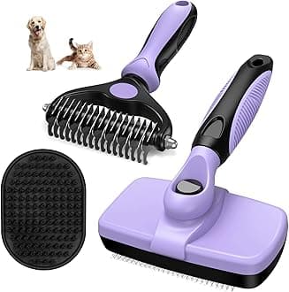 3PCS Dog Brush for Sheding | Self Cleaning Slicker Brush & Pet Grooming Rake | Skin Friendly Deshedding Grooming Tool & Double-Sided Dematting Tool for Dogs and Cats (Light Purple Black)
