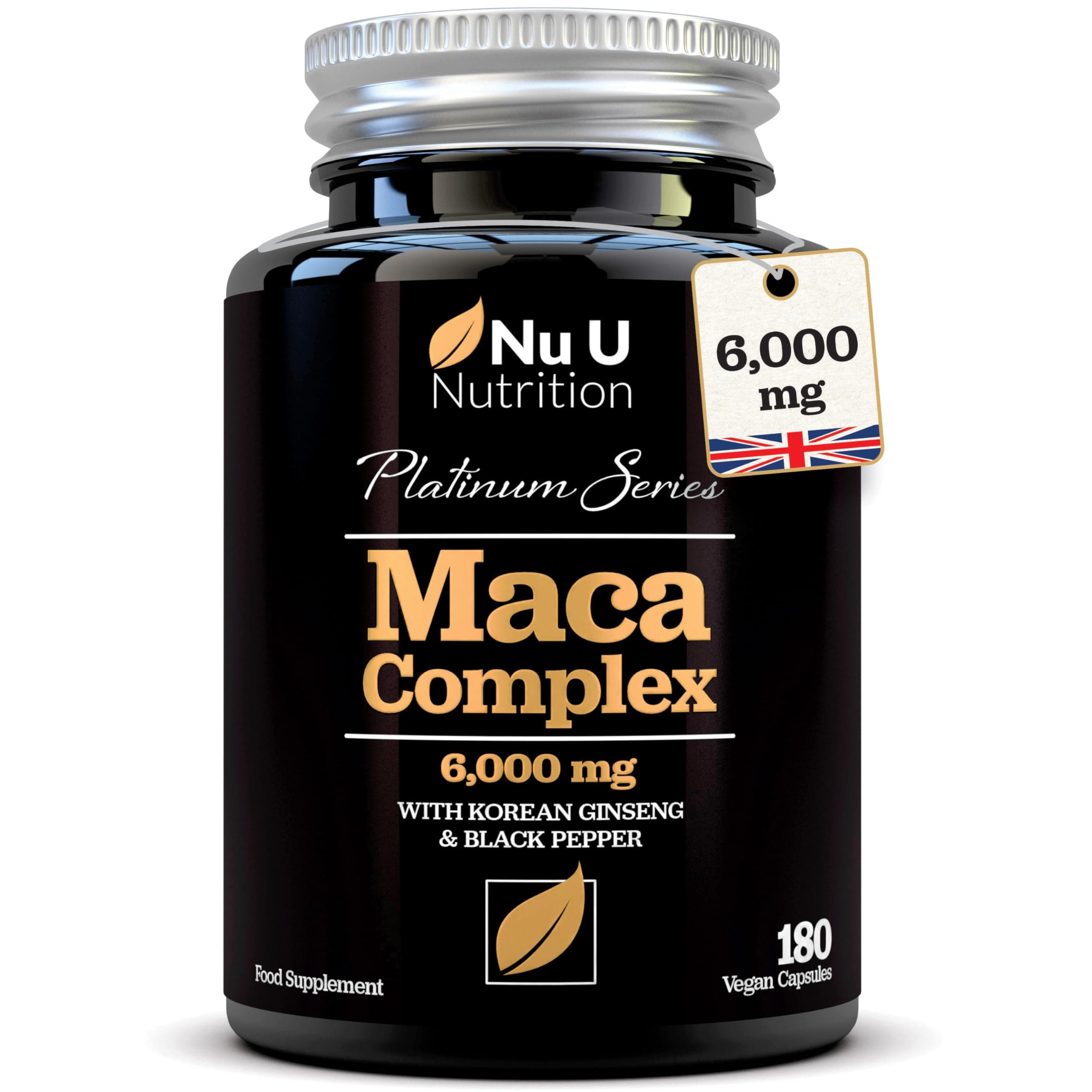 Black Maca Root 6000mg - 180 Vegan Capsules - Premium Peruvian Maca - Korean Panax Ginseng & Pepper - High Strength Complex for Men & Women - 6 Month Supply - Made in the UK - Nu U Nutrition