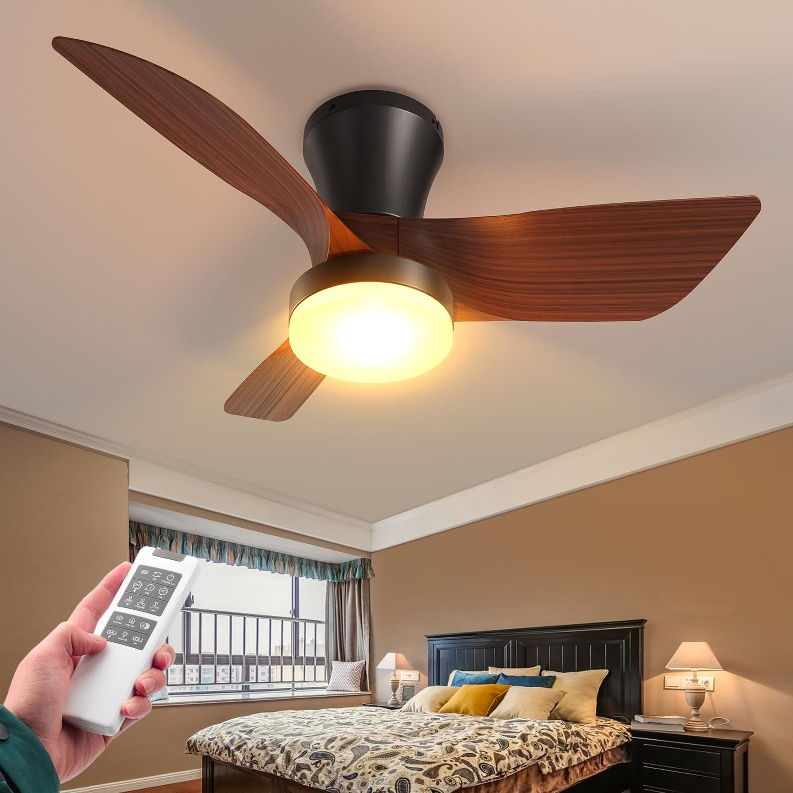 VOLISUN Small Ceiling Fans with Lights, 30in Flush Mount Ceiling Fan with Light and Remote, 3CCT Dimmable Low Profile Ceiling Fans with Light,Modern Ceiling LED Fan Light for Bedroom,Livingroom(Wood)