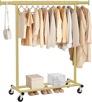 SONGMICS Clothes Rack on Wheels, Heavy Duty Clothes Rail, 45 x (92-132) x 161.5 cm, with Extendable Hanging Rail, 100 kg Load Capacity, Easy Assembly, Portable, Pale Gold HSR013A01