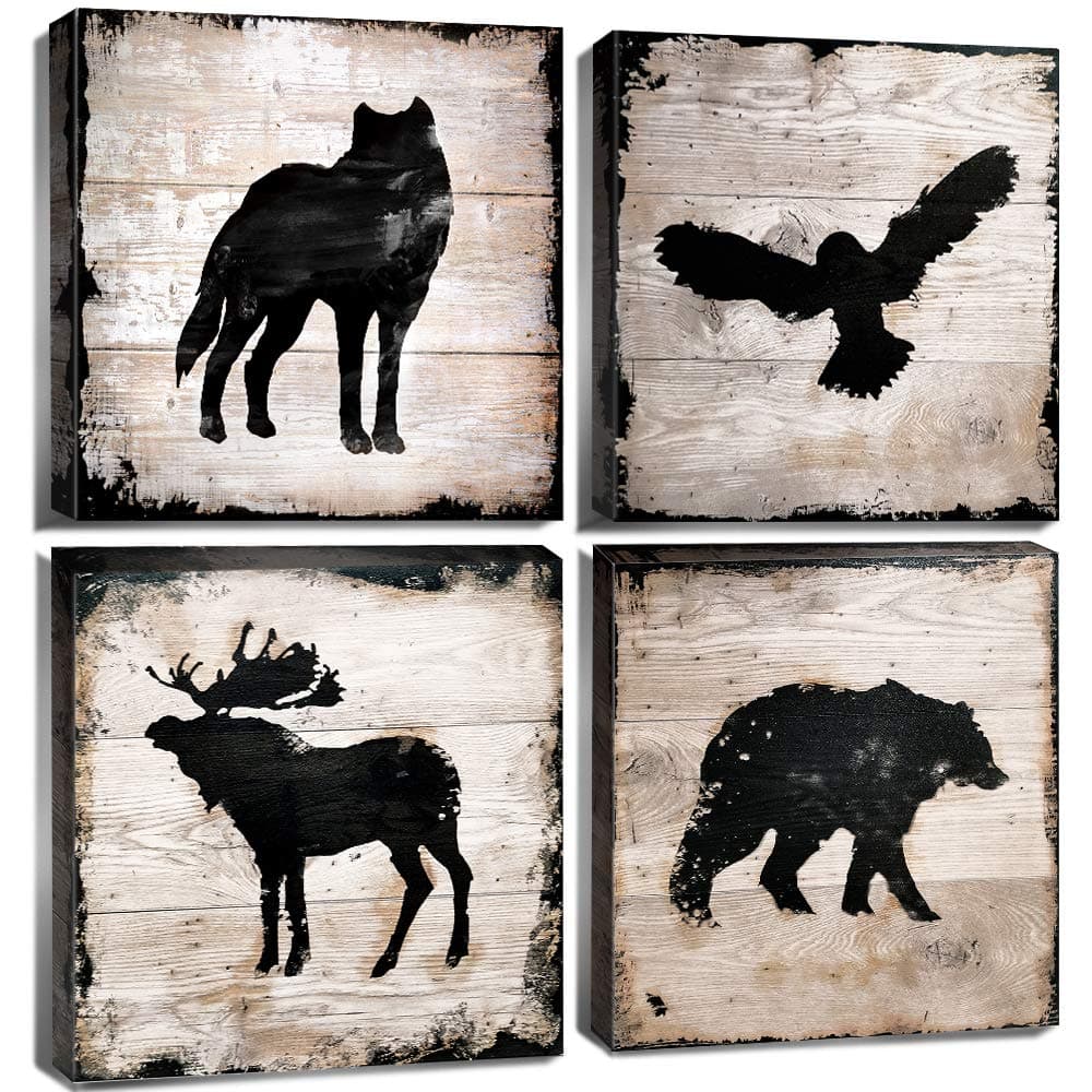 Rustic Wildlife Wall Art Cabin Wall Decor Bear Pictures Woodland Animals Picture Farmhouse Moose Deer Canvas Painting Eagle Wolf Poster Nursery Artwork for Bedroom Lodge Home Decorations 12x12" 4P