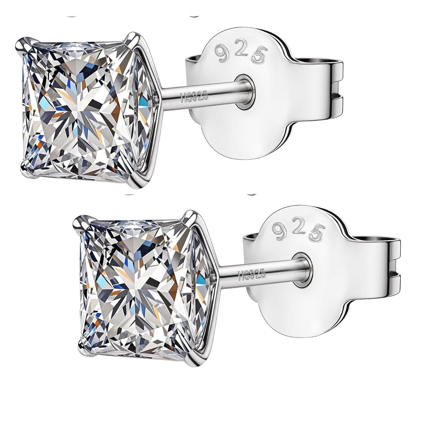 HighSpark Solitaire 92.5 Sterling Silver Stud Earrings with Shiny Square Cubic Zirconia for Men Women Boys Girls