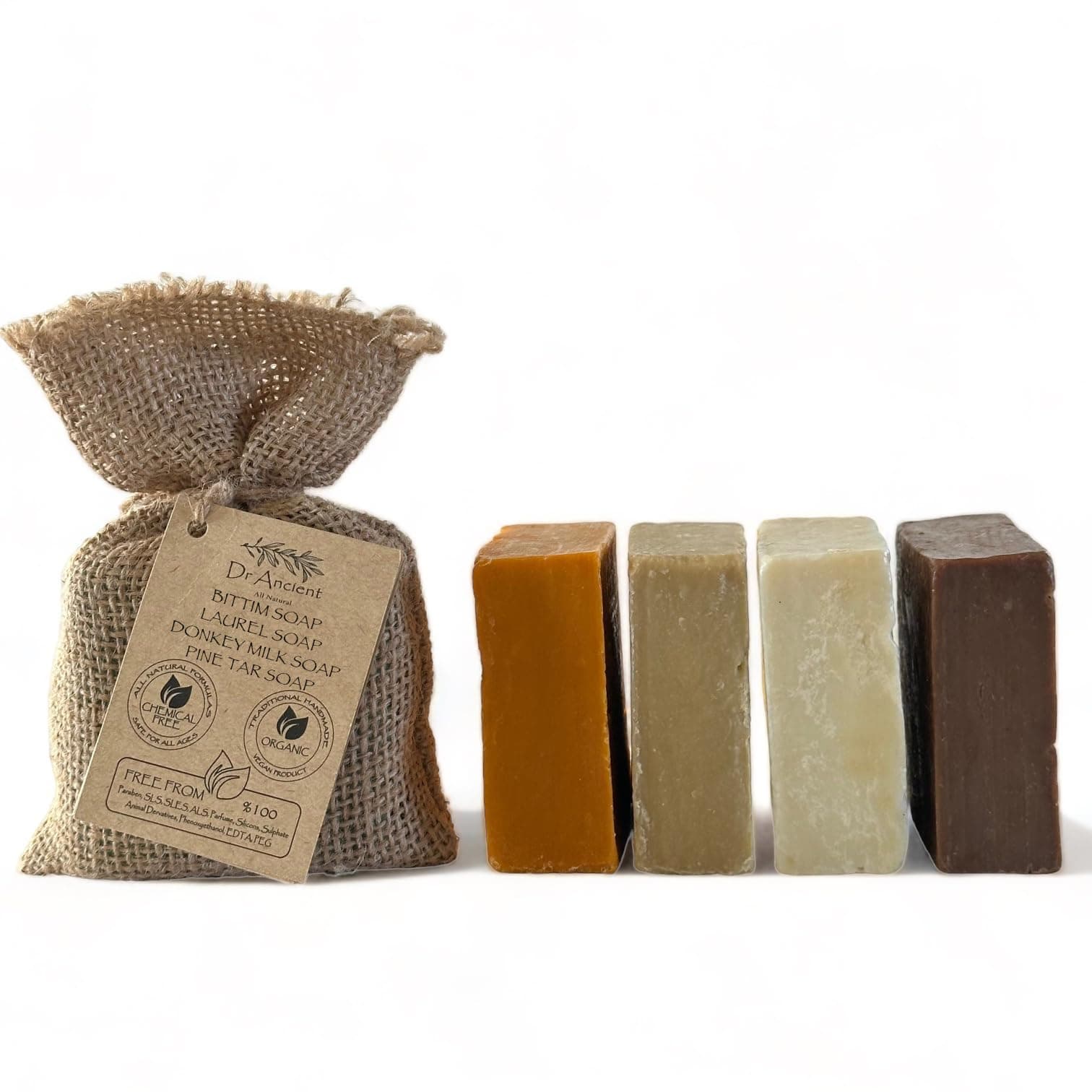 Donkey Milk, Pine Tar, Aleppo & Bittim Soap Bar Set (4-Pack) – Organic Handmade Natural Soap Bars, Chemical-Free Gentle Cleanser for Face & Body