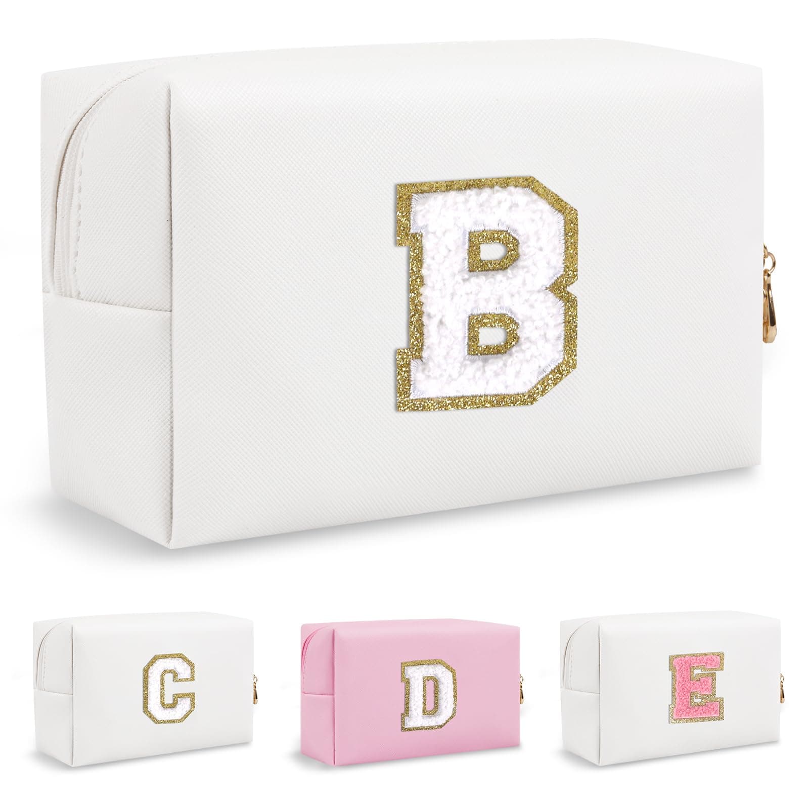 Small Initial Preppy Makeup Bag Organizer, White Cute Chenille Letter Cosmetic Zipper Pouch Toiletry Bags for Traveling, Waterproof PU Makeup Pouch Personalized Gifts for Bride Bridesmaid(Letter B)