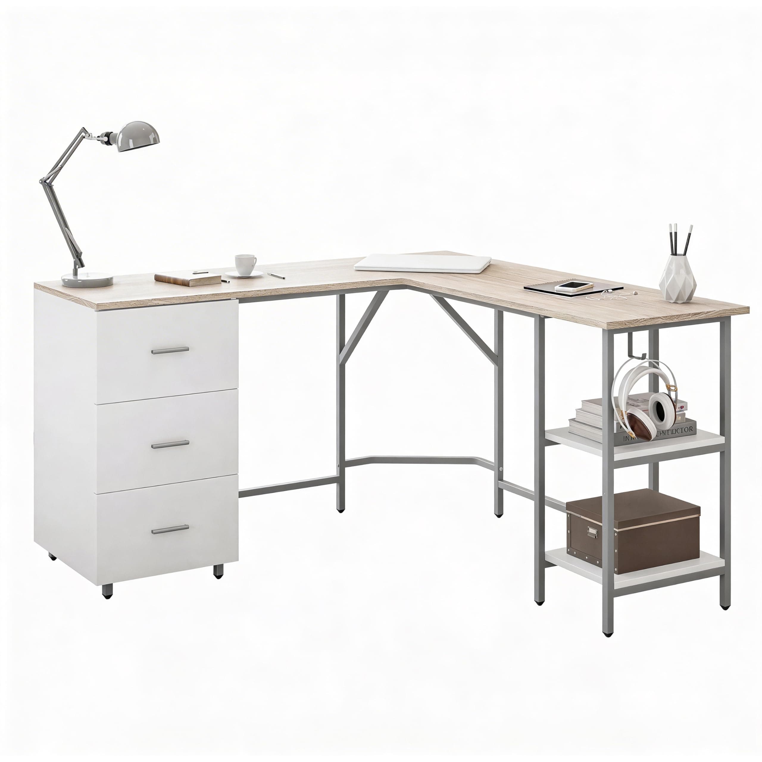 Techni Mobili L Shaped Desk - Two-Toned Computer Desk with Drawers & Storage Shelves - Simple Modern Furniture & Home Office Space Corner Table for Work & Writing
