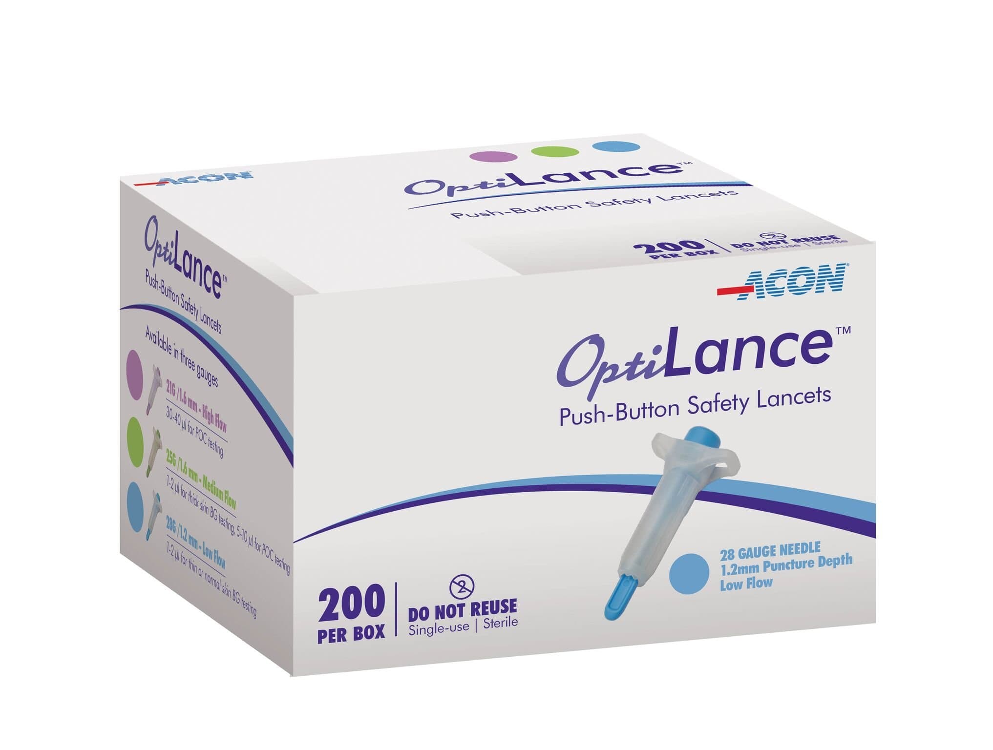 Optilance Push-Button Safety Lancets, 28 G, 1.2 Mm Puncture Depth, 200 Count, Lancing Device NOT Required