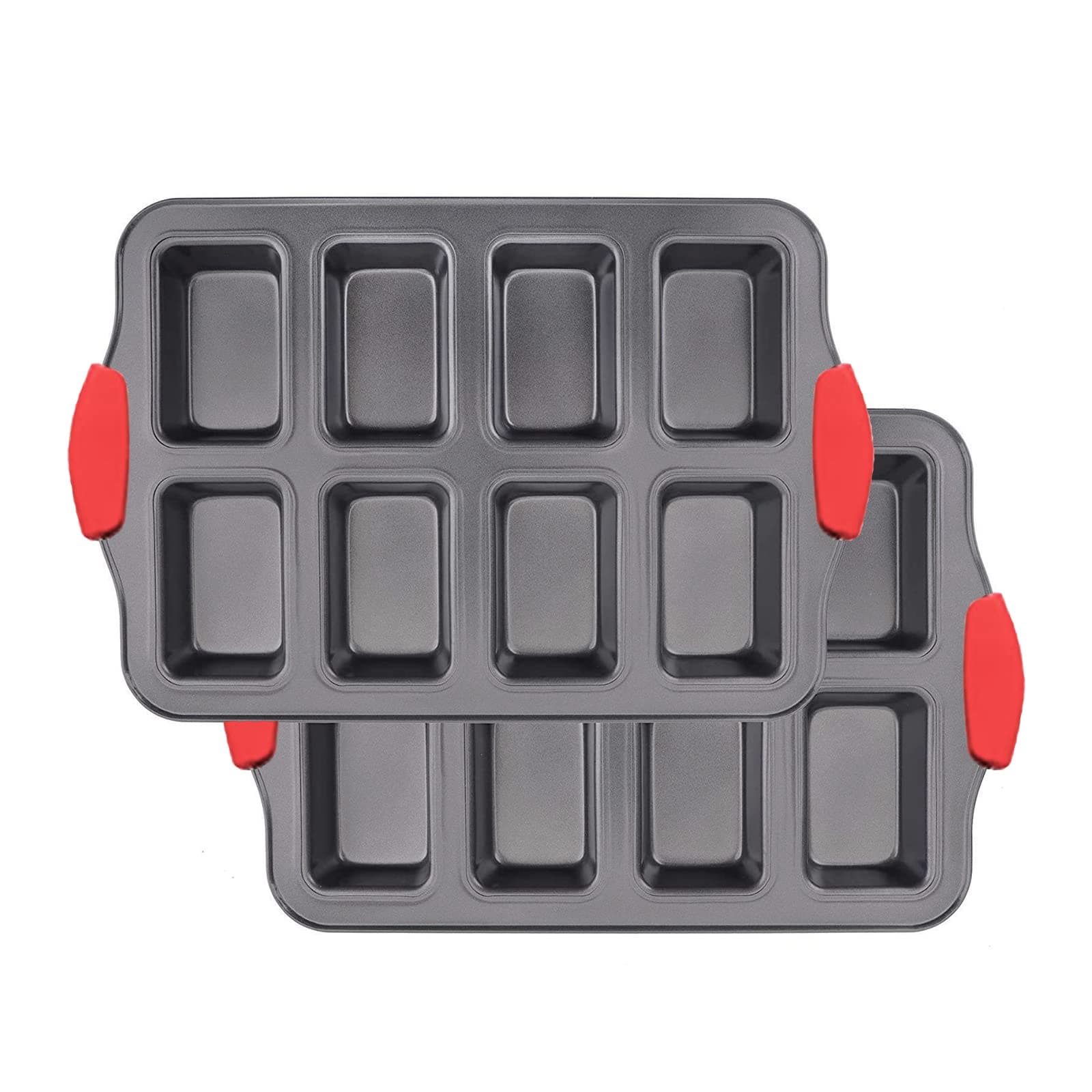 Mini Loaf Pans Nonstick, Bread Muffin Pan with Silicone Handle for Oven, 8 Cavity, Carbon Steel, Dishwasher Safe & Easy Cleanup Small Loaf Tray, for Baking, Gray, 2 Packs