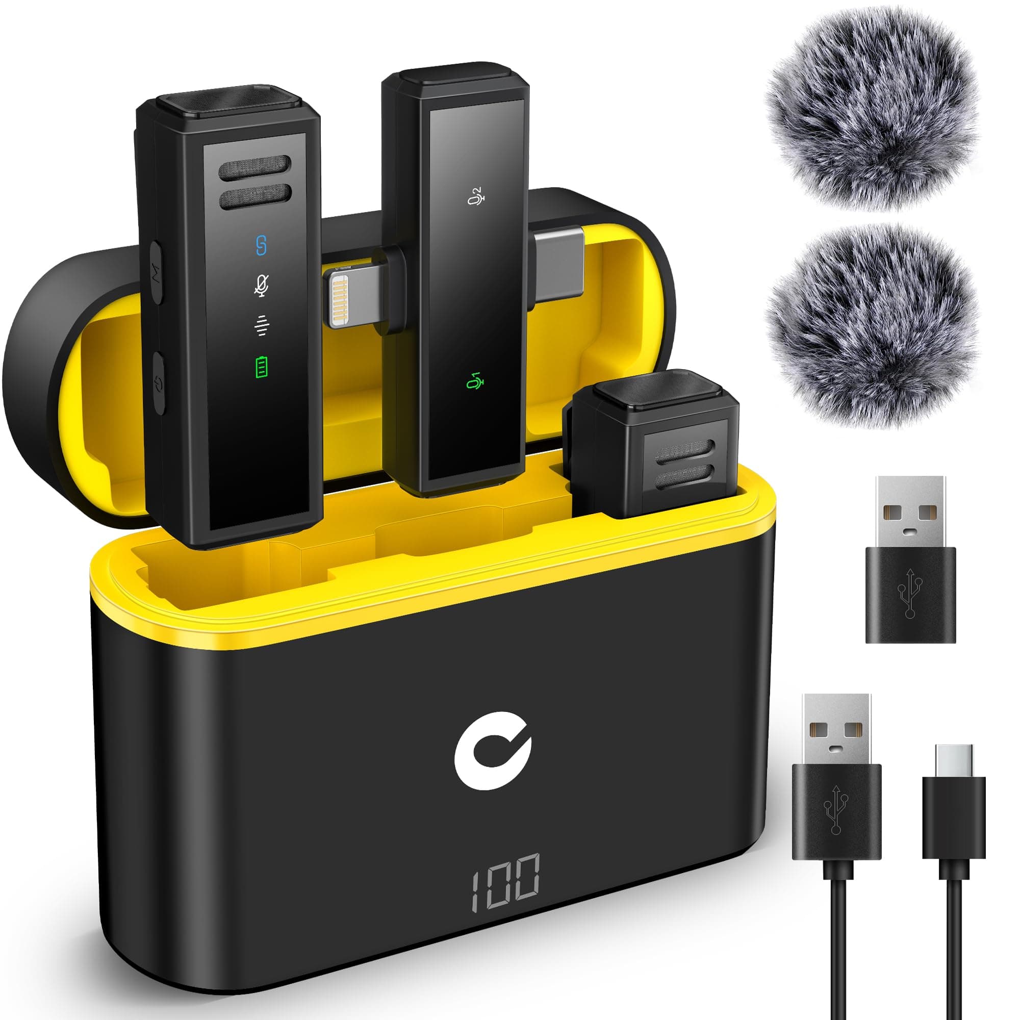 CAHAYA Wireless Lavalier Microphones for iPhone Android 3-in-1 Lav Mic with Charging Case for iPhone iPad Andriod PC Lapel Microphone with USB-C Lightning Connector Wireless Mic with Noise Reduction