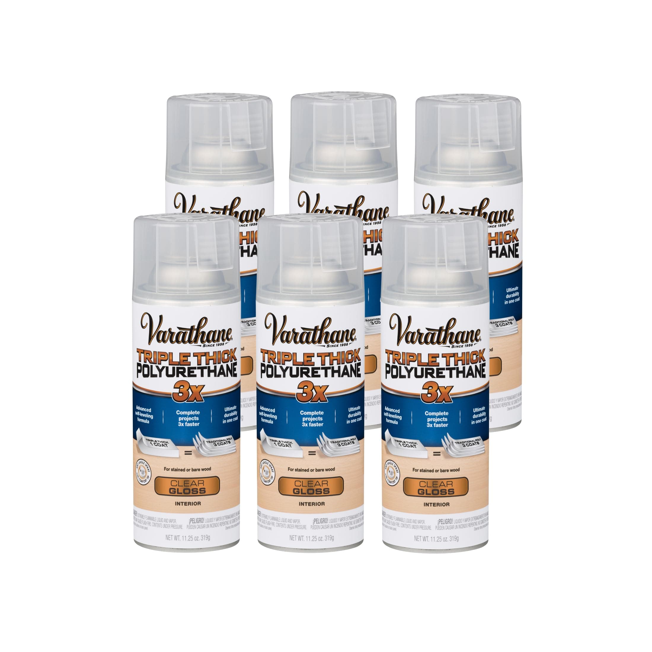 Triple Thick Polyurethane Clear Wood Finish Spray | Self-Leveling Formula | Scratch and Stain Resistance | Durability in One Coat | Gloss | 11.25 oz | 6 Pack