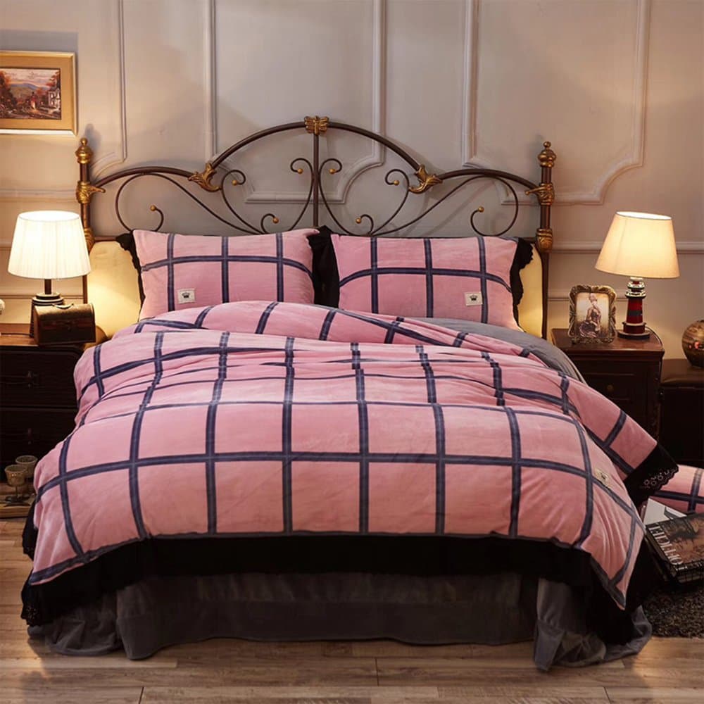 Setxlv 4 Piece Flanelle Thicken Full Tree Wool Grinding Wool Four Pieces of 100% Cotton Bed Set Superking Quilt Cover Sheet Duvet Cover 200 * 230 cm Sheet 250 * 260 cm Pillow Case 74 * 48 cm, flannelette, Rosa Gitter, 220 x 240 cm