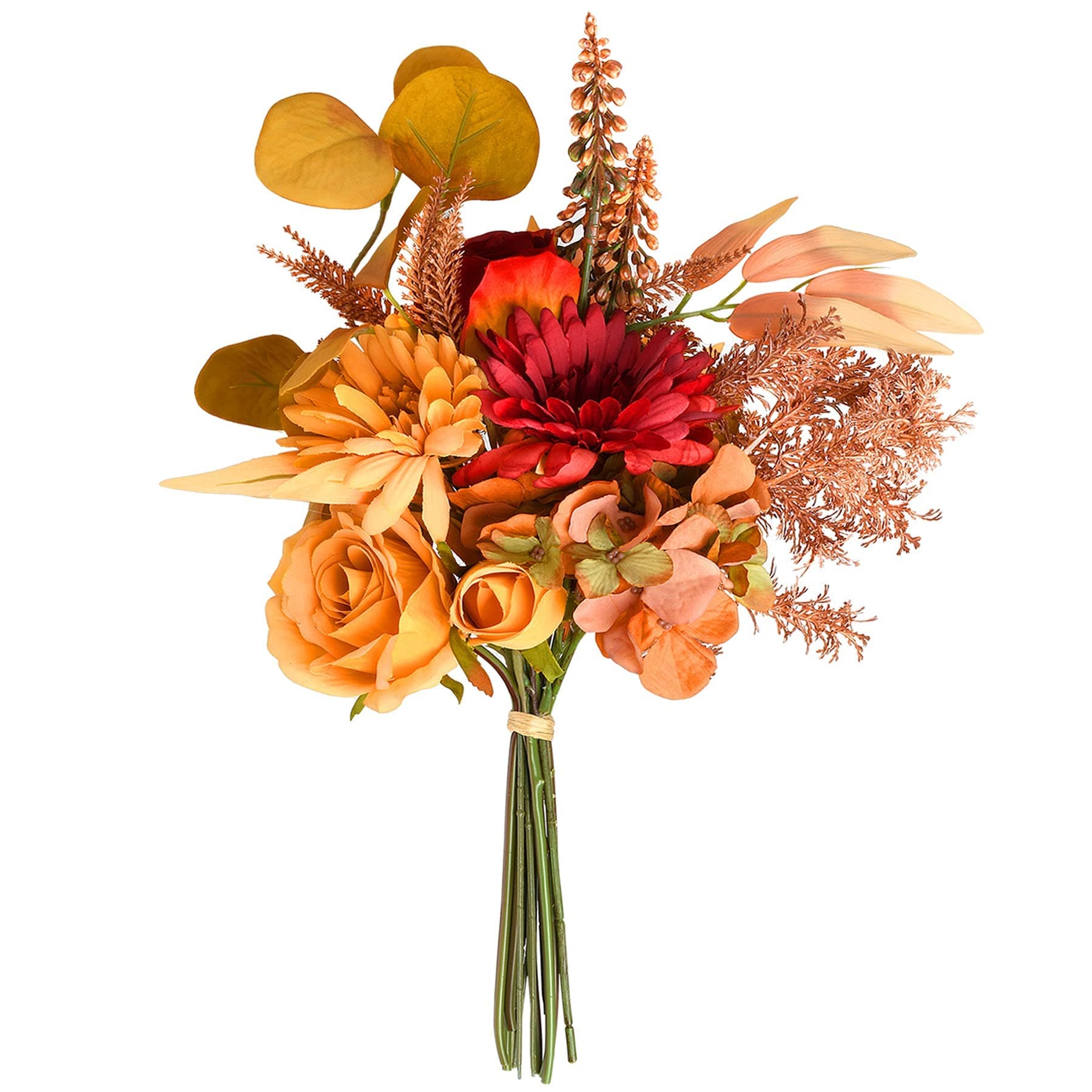 MAKINGTEC One Bundle Artificial Fall Flowers Fake Silk Roses Sunflowers Hydrangea, Bridal Bouquets for Home Party Baby Shower DIY Wedding Bouquets Centerpieces Christmas Decor,Orange-red