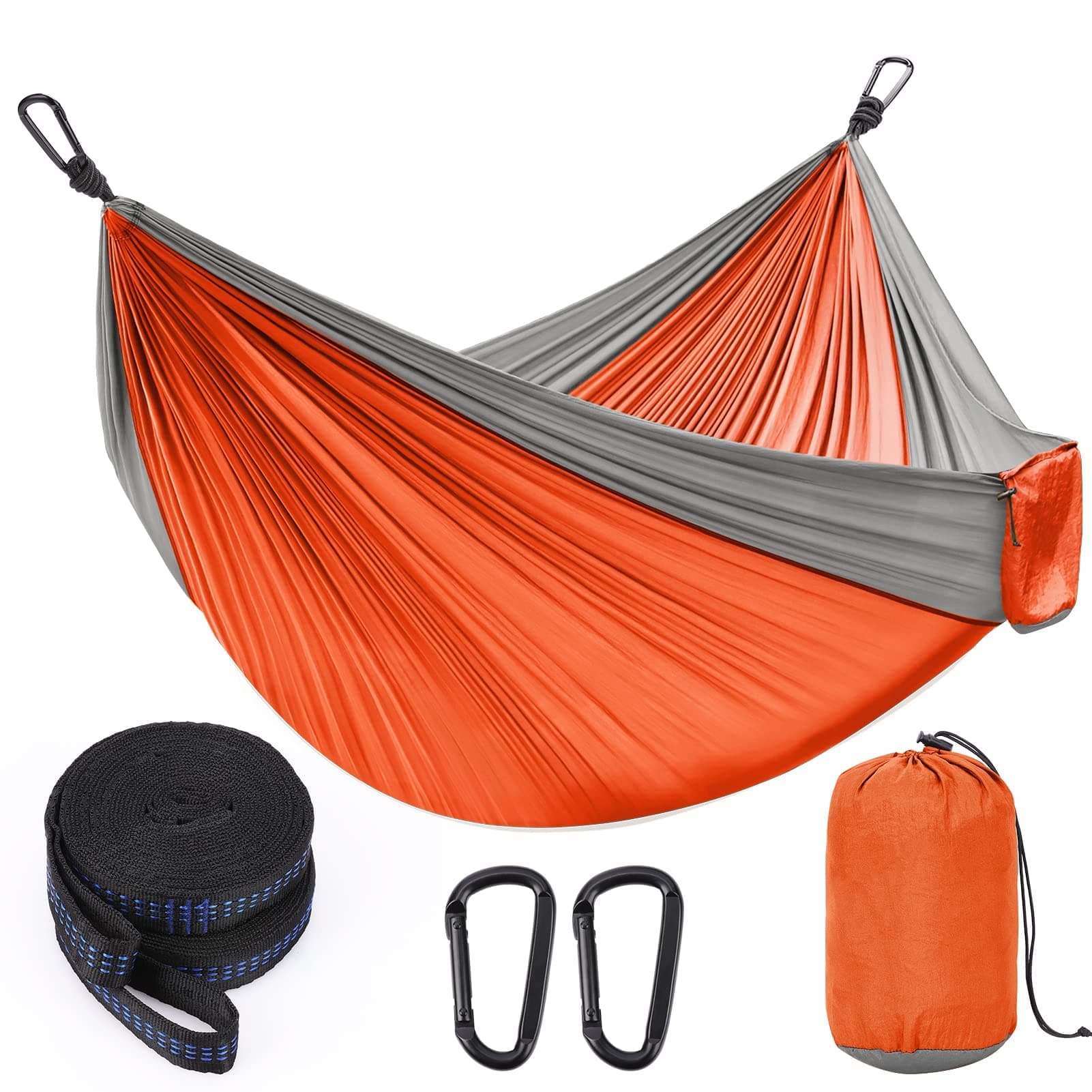 Excefore Camping Hammock Double & Single Outdoor Hammocks with 2 Tree Straps Portable Lightweight Nylon Parachute Hammocks for Travel Camping Backpacking Hiking Backyard (Orange+Grey)