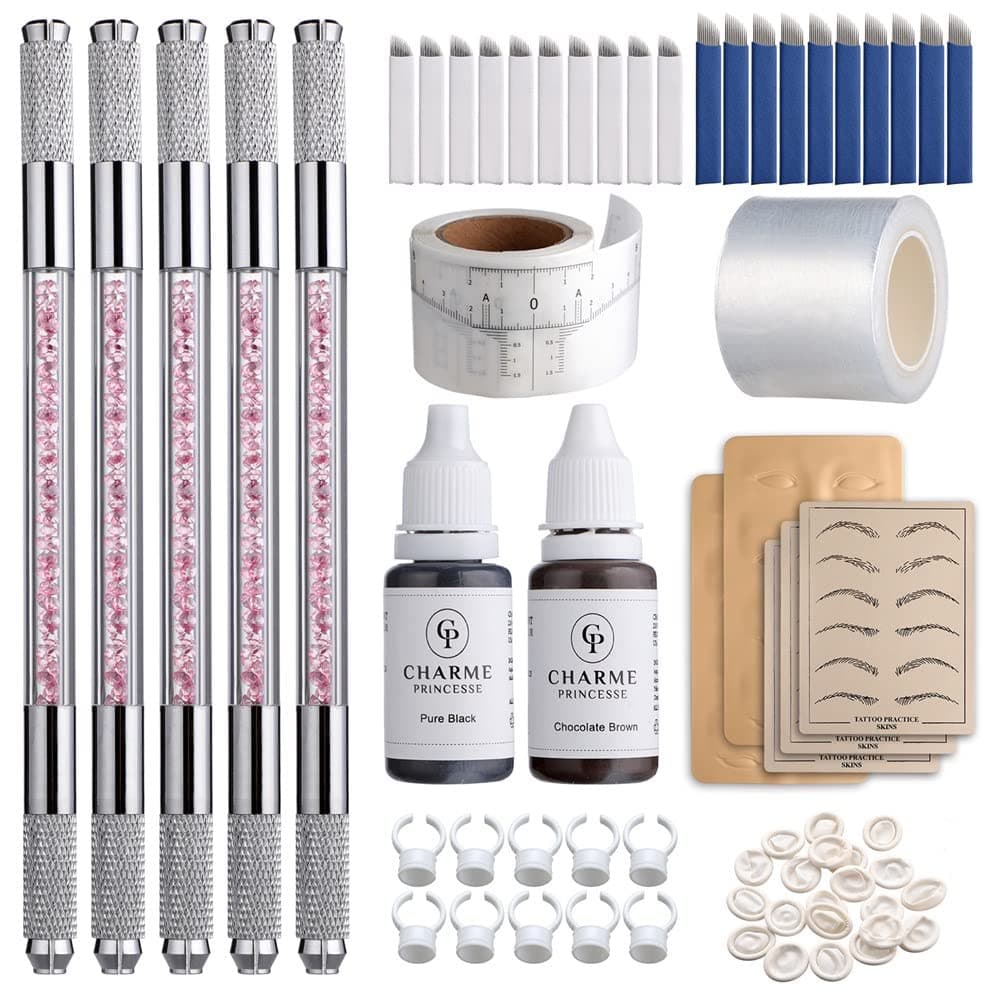 Charme Princesse Microblading Pen Kit Double Sided Manual Pen Kit with 20Pcs Needles Pigment Practice Skin Eyebrow Ruler Ring Cup for Permanent Makeup Supplies EK910S20-1