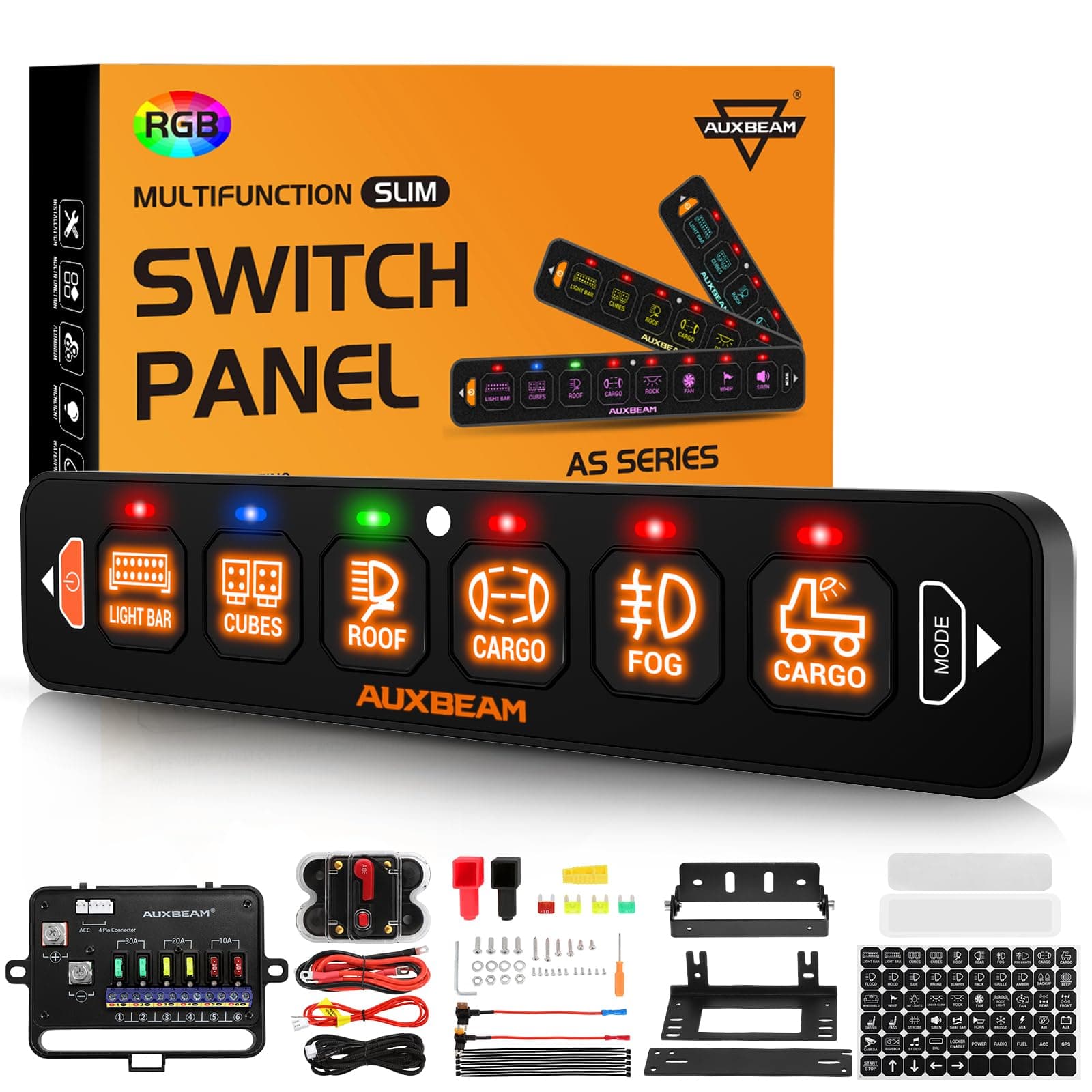 Auxbeam 6 Gang Slim Switch Panel RGB AS-R60 Automatic Dimmable Switch Panel with Toggle Momentary Pulsed Off Backlight Unique Patented Design Control Panel for Truck Offroad Boat, 3-Year Warranty