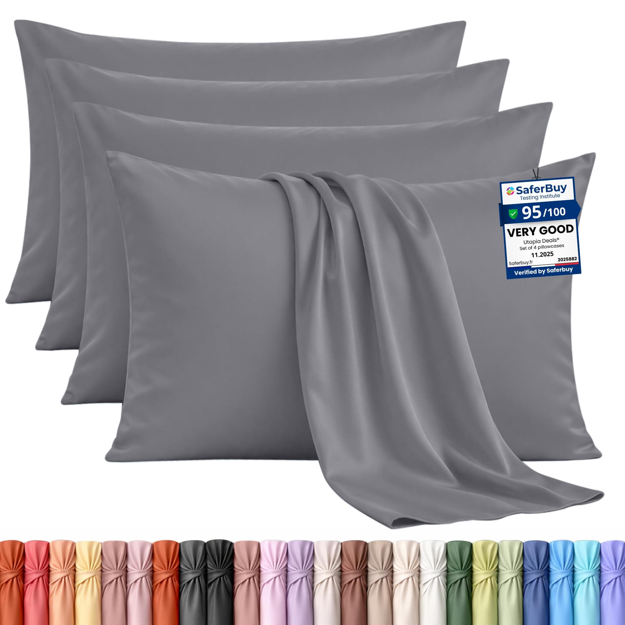 Utopia Bedding - Set of 4 Pillowcases - 50 x 75 cm - Oeko-Tex - Brushed Microfibre 100% Polyester with Envelope Closure (Pillow Insert Not Included), Cushion Cover Only - Grey