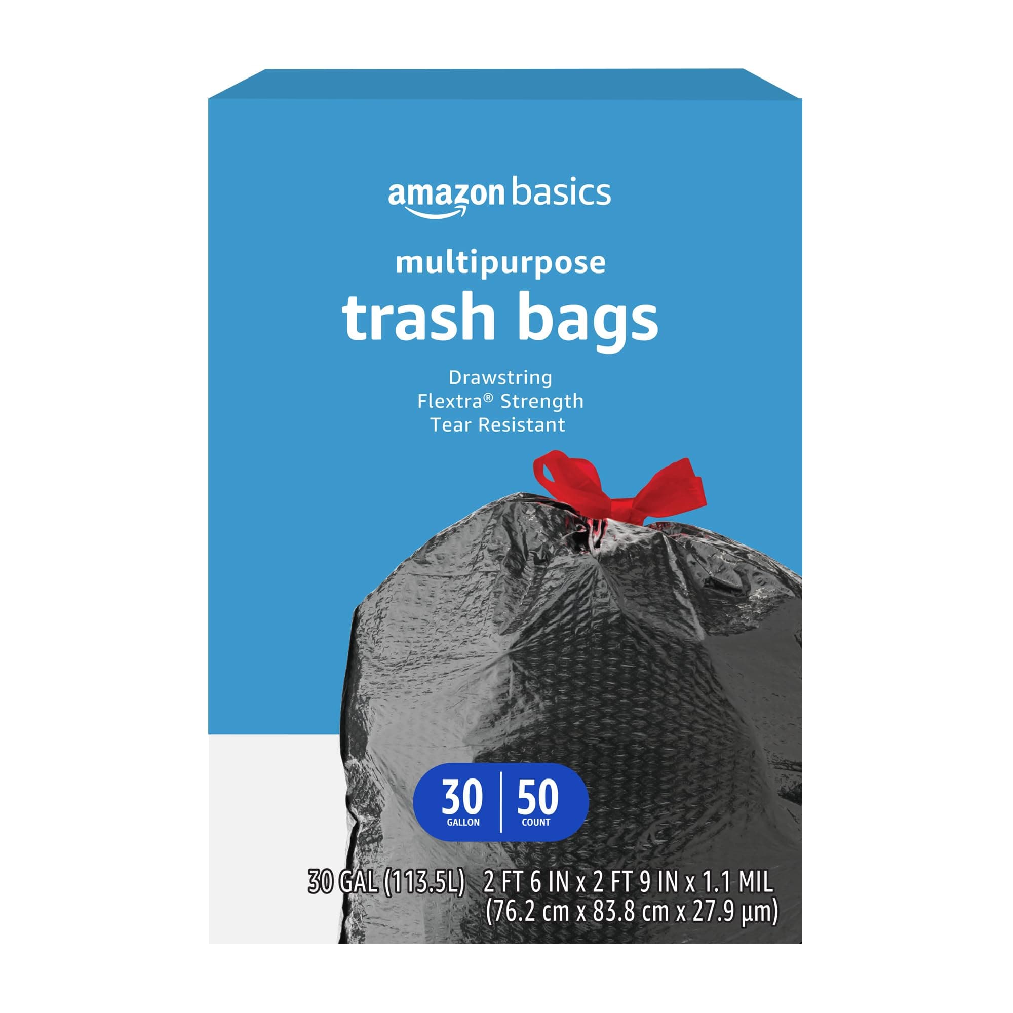 Flextra Multipurpose Drawstring Trash Bags, 30 Gallon, 50 Count, Tear Resistant