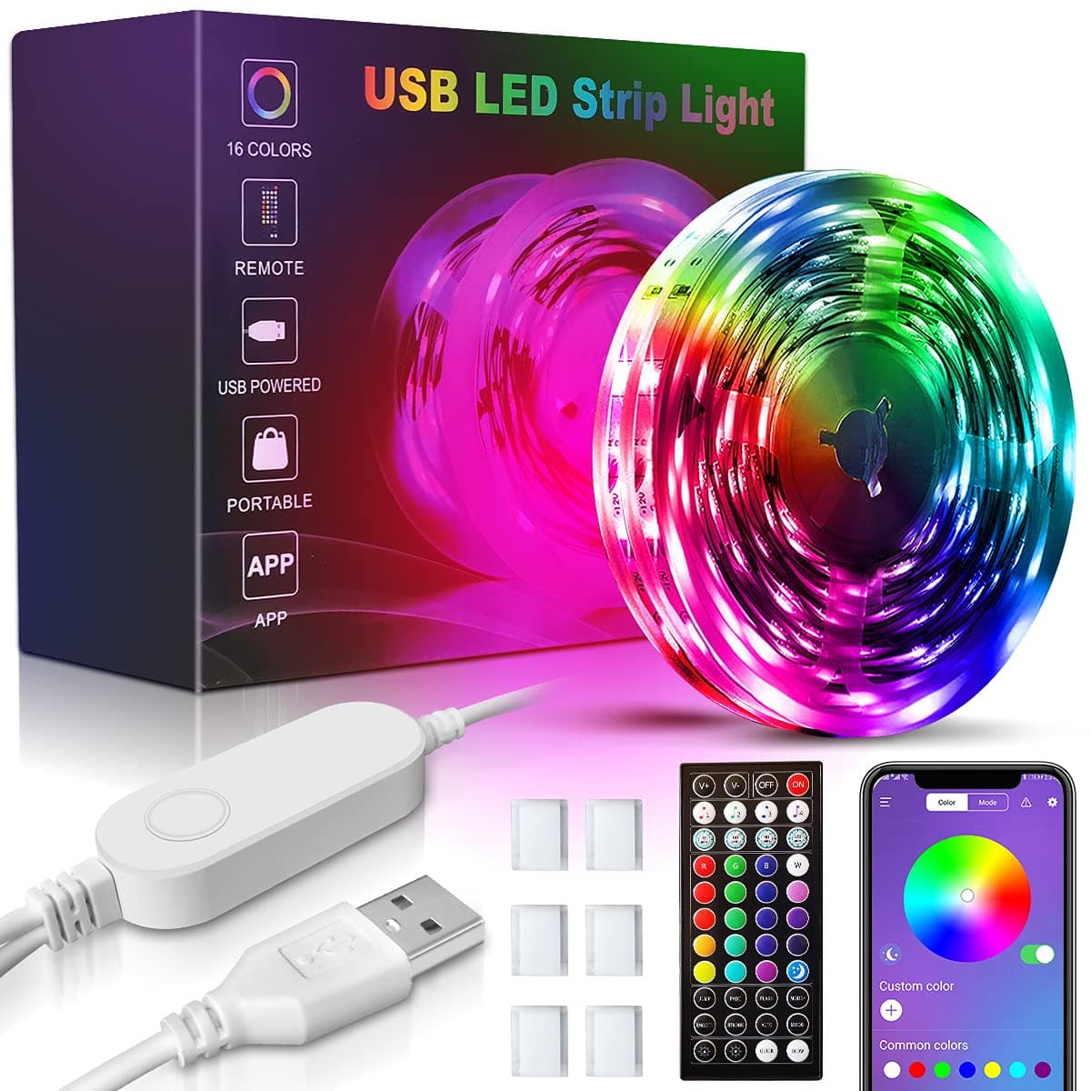 GOTUS USB 32.8ft LED Light Strips - 16 Million Colors Changing, Built-in Mic Music Mode, Smart Circuit Protection Lights Strip, with 3 Control Ways(APP+Remote Control+Control Box)