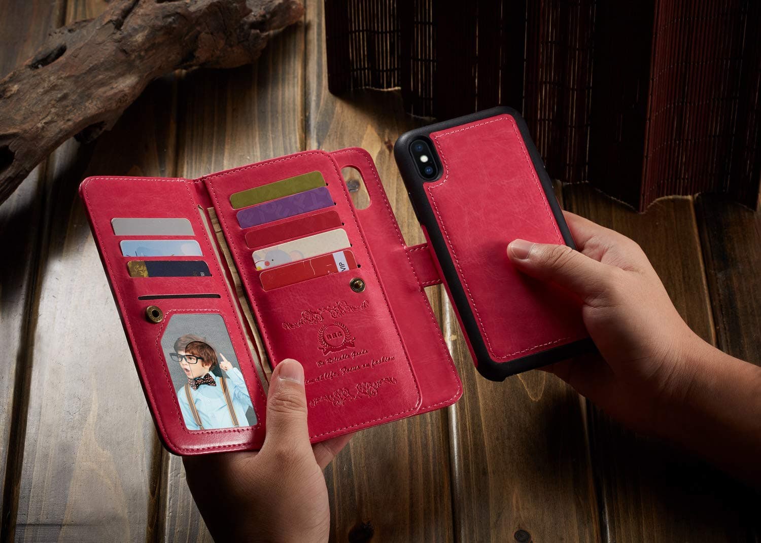 Urvoix for iPhone X case/iPhone Xs Wallet Case, Leather Flip Card Holder Cover with Detachable Magnetic Back Case for iPhone Xs iPhone X Phone Case(5.8-inches Display) Hot Pink