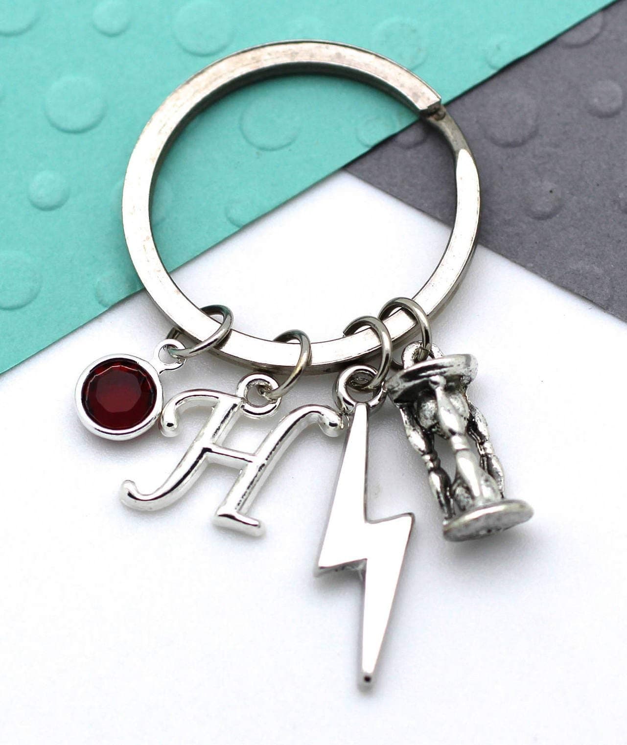 Personalised Time Turner and Lightning Bolt Keychain, Custom Keyring, Personalized Swarovski Birthstone & Initial, Letter, Alphabet Gift