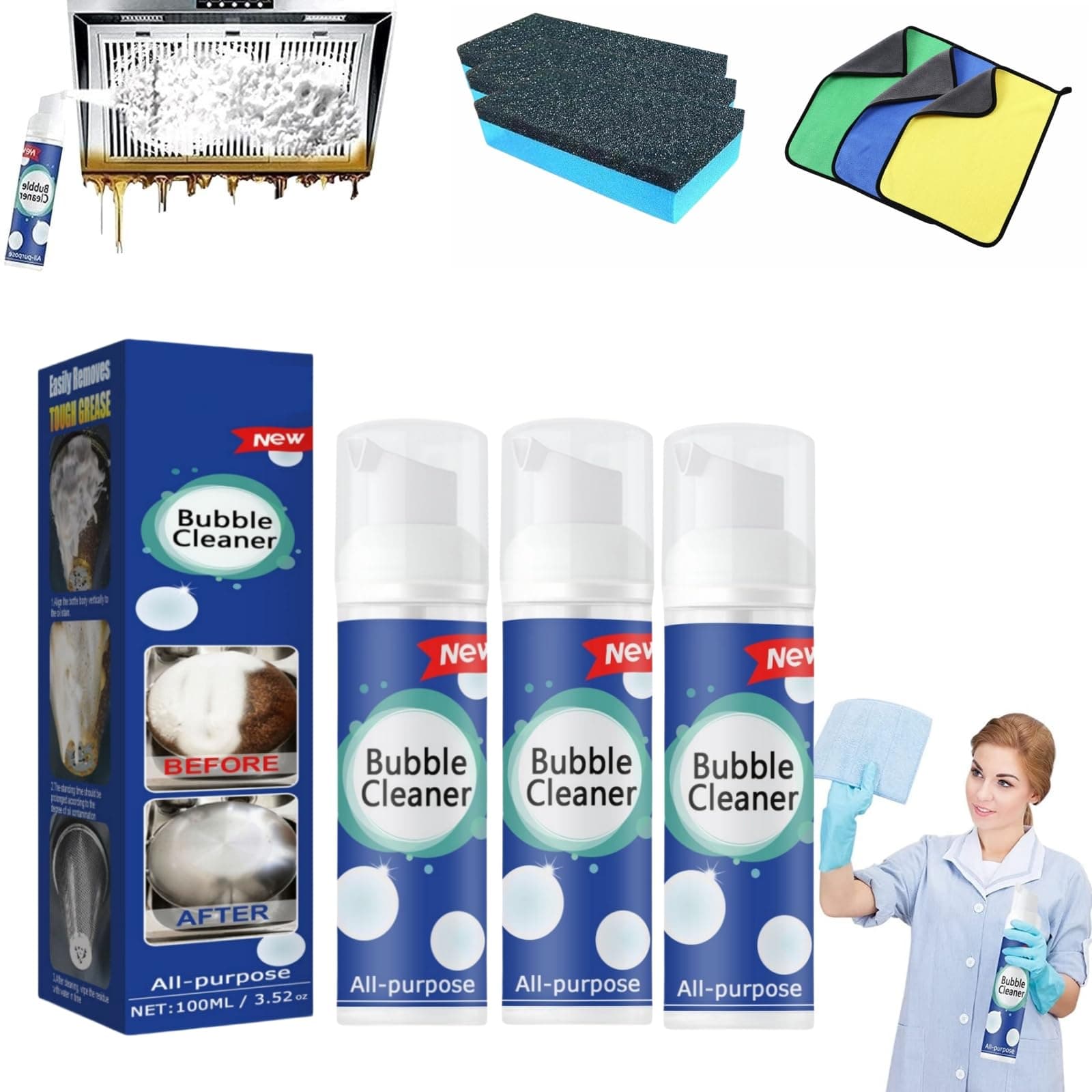 Bubble Cleaner, Bubble Power Cleaner, Bubble Cleaner Foam Spray, All Purpose Rinse Cleaning Foam, Powerful Stain Removing Foam Cleaner, All Purpose Powerful Stain Removal Kit (100ml * 3)