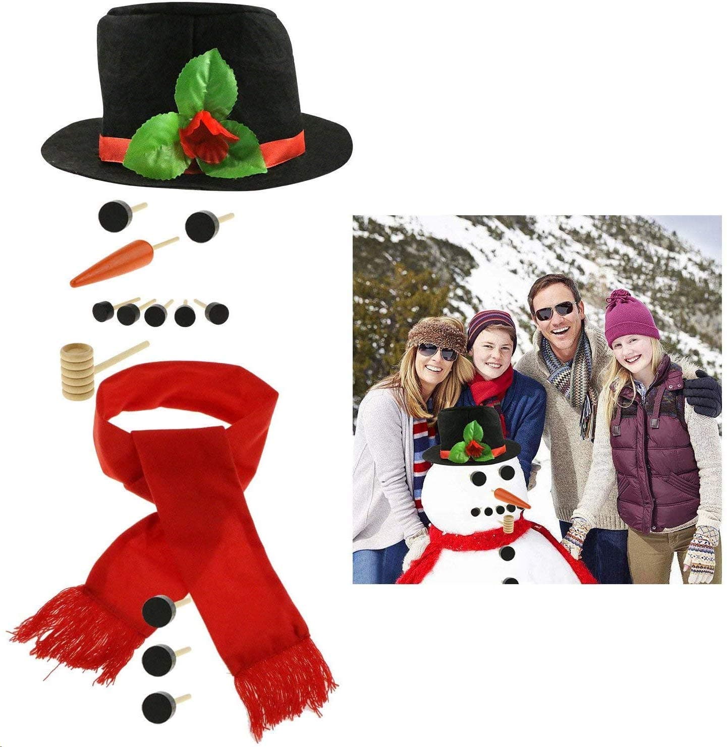 Snowman Decorating Kit, Fixget 14 Pcs Large Snowman Making Kit Snowman Dressing Kit Outdoor Fun Christmas Gift for Kids & Family, Including Top Hat, Scarf, Pipe, Eyes, Carrot Nose & Buttons