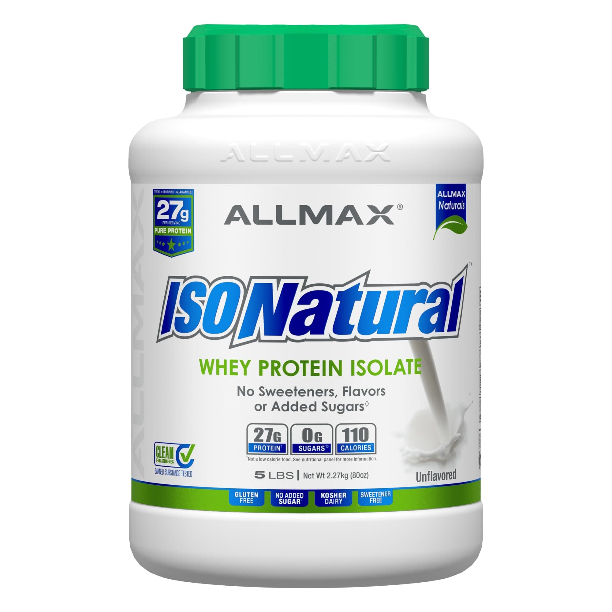 ISONATURAL Whey Protein Isolate, Unflavored - 5 lb - 27 Grams of Protein Per Scoop - Zero Fat & Sugar - 99% Lactose Free - with Prebiotics - No Artificial Flavors - Approx. 78 Servings
