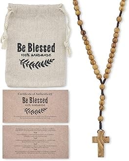 Bethlehem Certified Wooden Rosary from Olive Wood - Our Father Christian Catholic Wooden Prayer Beads in Cotton Rosary Pouch and Authenticity Certificate for Men and Women