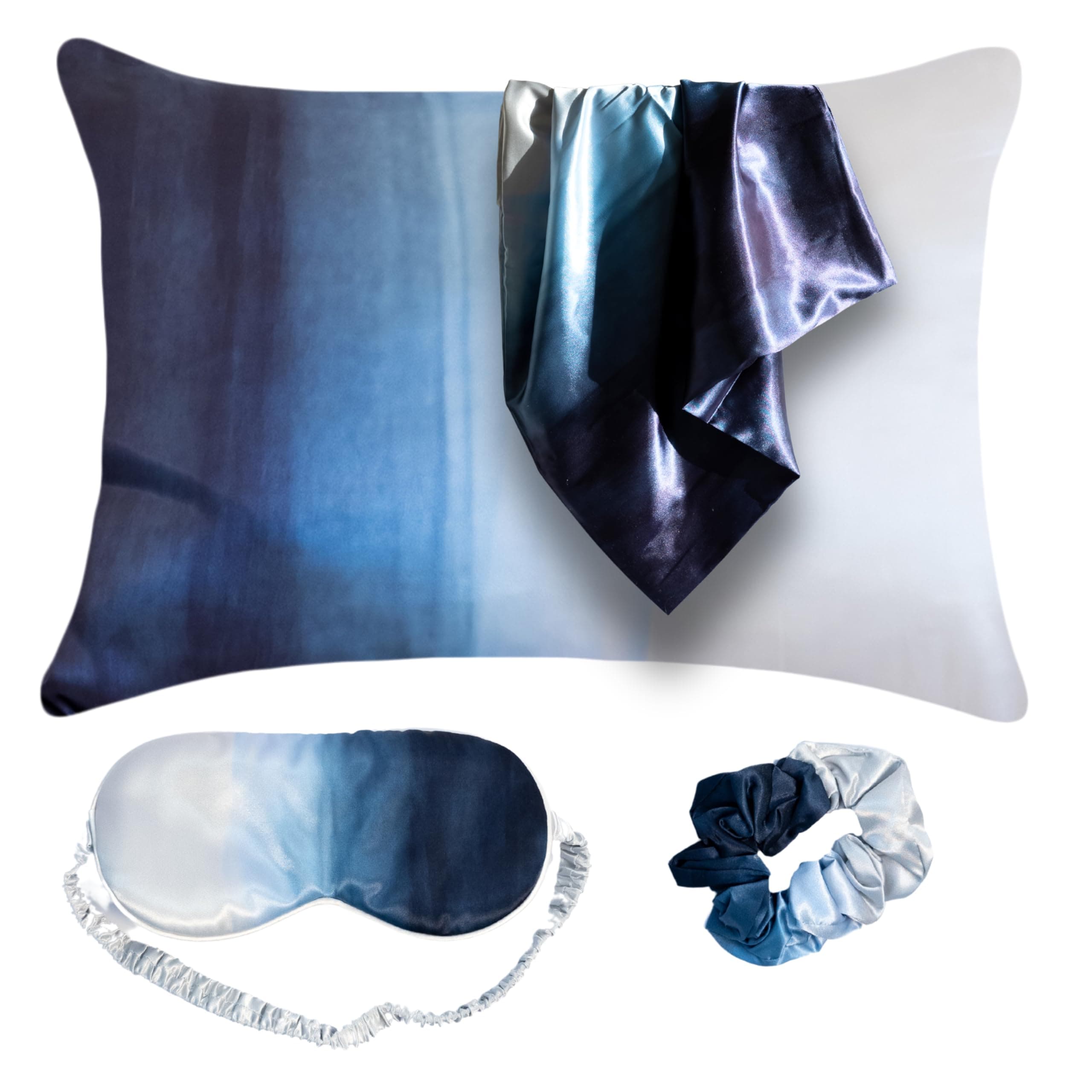 Luxury Satin Pillowcase Gift Set – Includes Eye Mask & Scrunchie, Pure Vegan Silk for Hair & Skin Care, Elegant Blue Ombre Design, Standard Size, Gift for Mom, Daughter, Girlfriend!