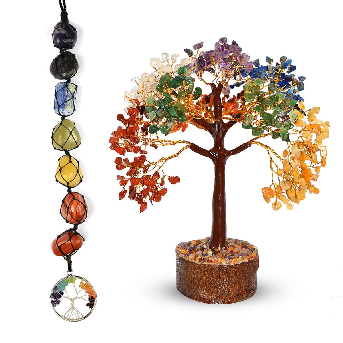 Crystu Natural 7 Chakra Tree 500 Beads with 7 Chakra Tumble Stone Hanging, Stone Tree | Crystal Tree, Charged by Reiki Grandmaster