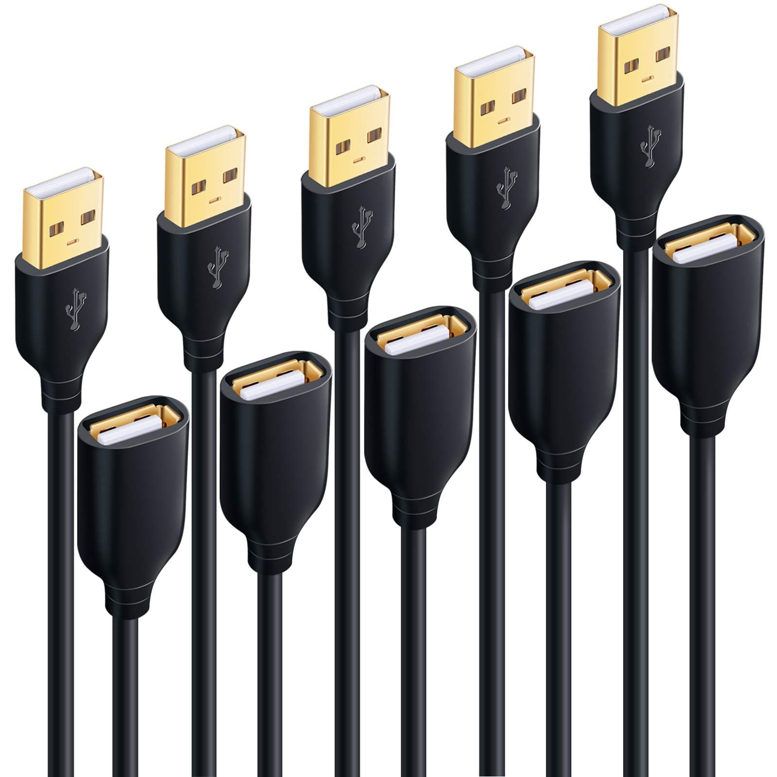 BesgoodsUSB Cable Extension, 5-Pack 10ft USB Extension Cables - Extra Long USB 2.0 A Male to A Female Cable with Gold-Plated Connector for Keyboard, Mouse, Printer - Black