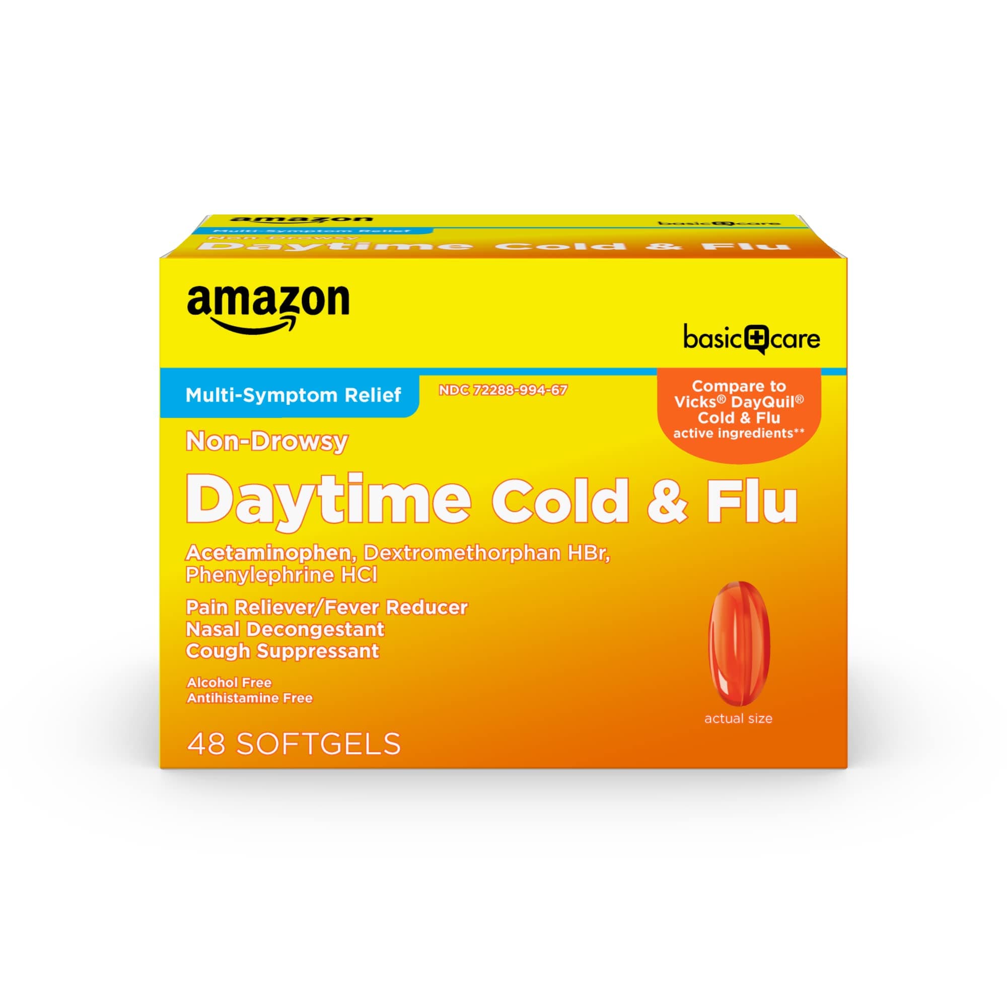 Amazon Basic Care Daytime Cold & Flu Liquid Caps; Cold Care for Daytime Cold and Flu, Orange, 48 Count (Pack of 1)