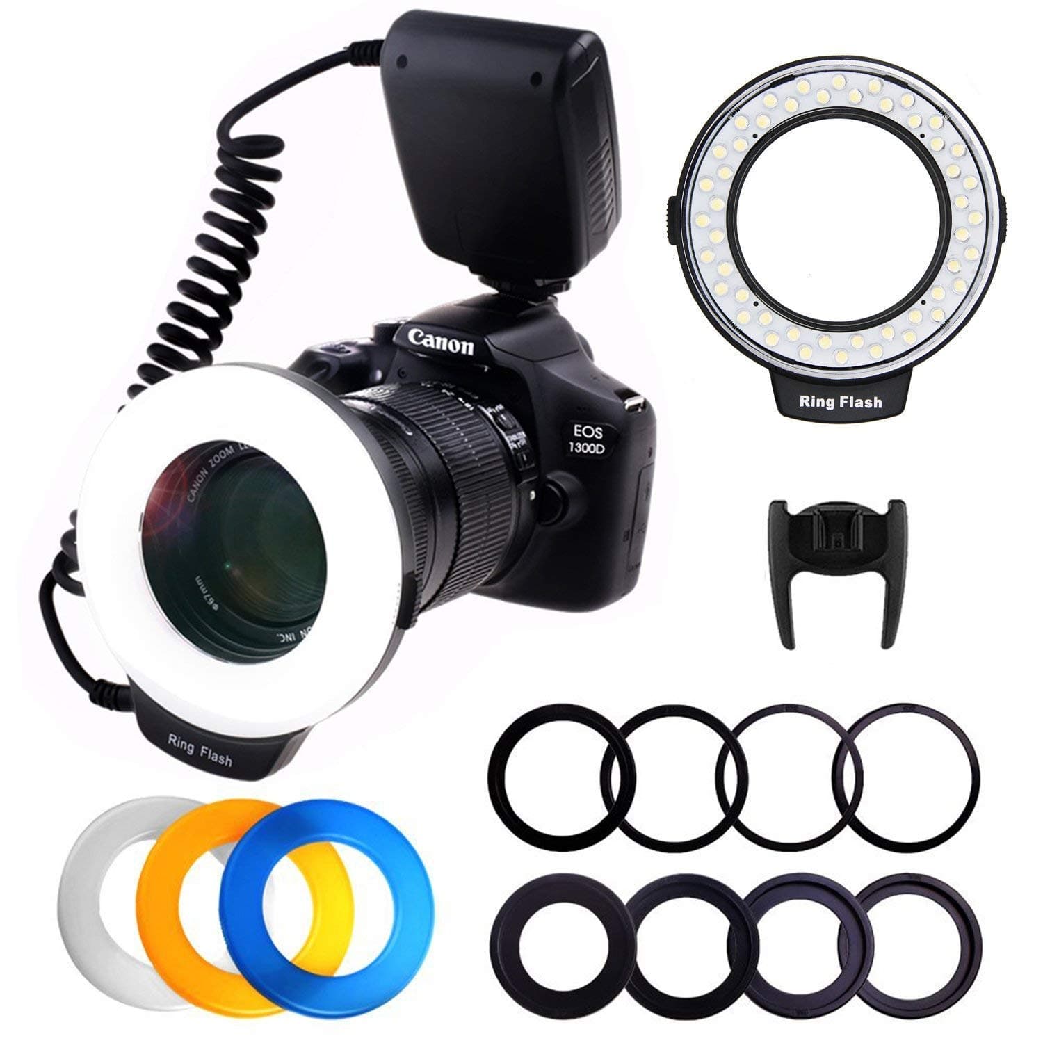 Flash Light with LCD Display Adapter Rings and Flash Diff-Users for Canon Nikon and Other DSLR Cameras