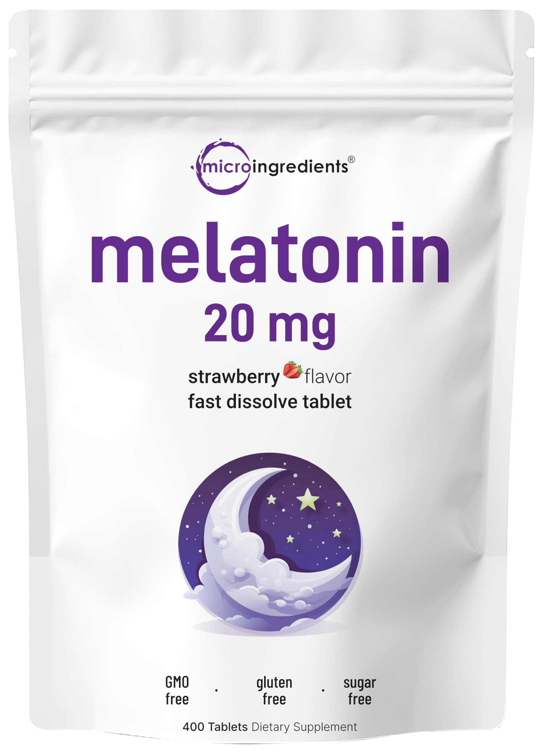 Micro Ingredients Melatonin 20mg, 400 Tablets | Natural Strawberry Flavor | Fast Dissolve | No Drug | Vegetarian Friendly | Non-GMO, No Gluten, Sugar Free