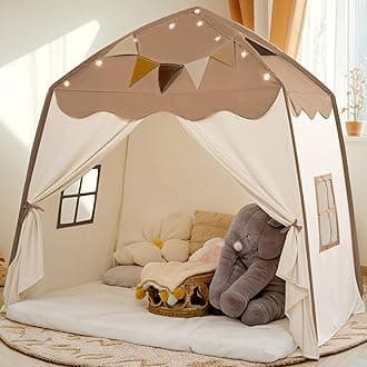 Extra Large Kids Play Tent with Flag & Star Light Portable & Foldable Teepee Bed Tent Bed Canopy for Boys & Girls, Indoor Outdoor Dome Tent Playhouse, Kids Birthday Gift, 59x39x59 Inches, Brown