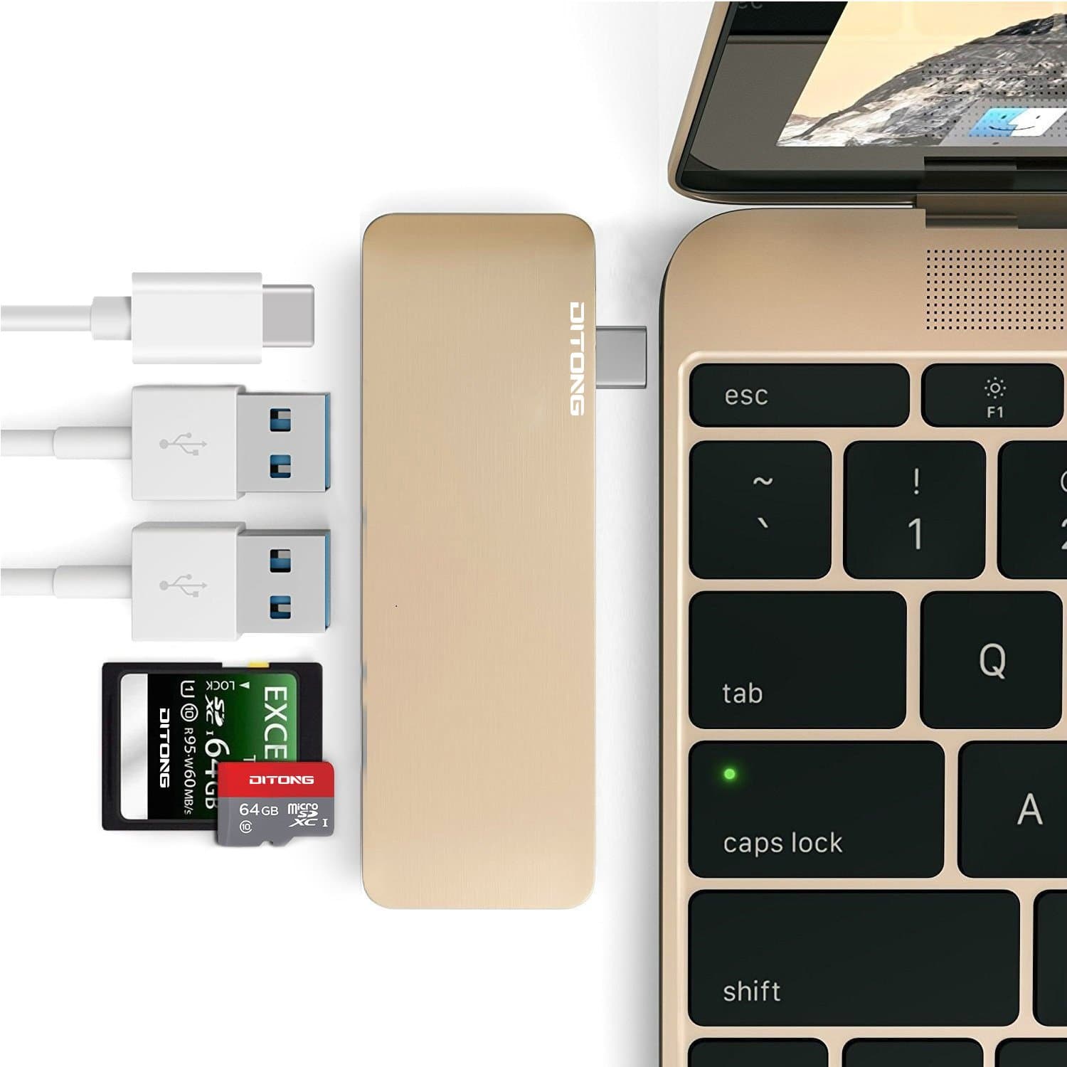 Type-C USB 3.0 Hub C 5 in 1 Aluminum Multi-Port Adapter with 2 USB 3.0 Ports, a SD and Micro SD Card Slots and a USB-C Charging Port for 12" MacBook Pro 2015/2016, 2016/2017 MacBook Pro (Gold)