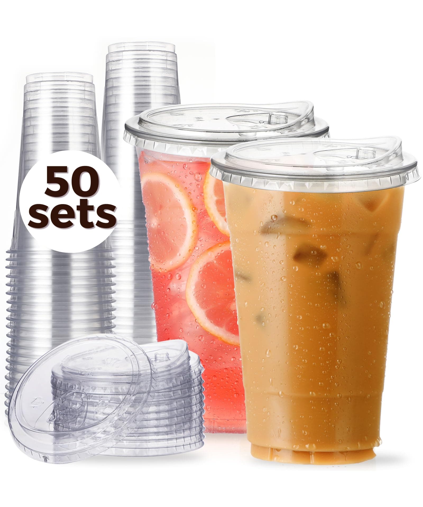 24 oz Clear Plastic Cups with Strawless-Sip-Lids, 50 Sets Disposable Cups Plastic Iced Coffee Cups, To Go Cups with Sip Through Lids for Smoothie, Milkshake, Cold Drinks for Party, Wedding, Event