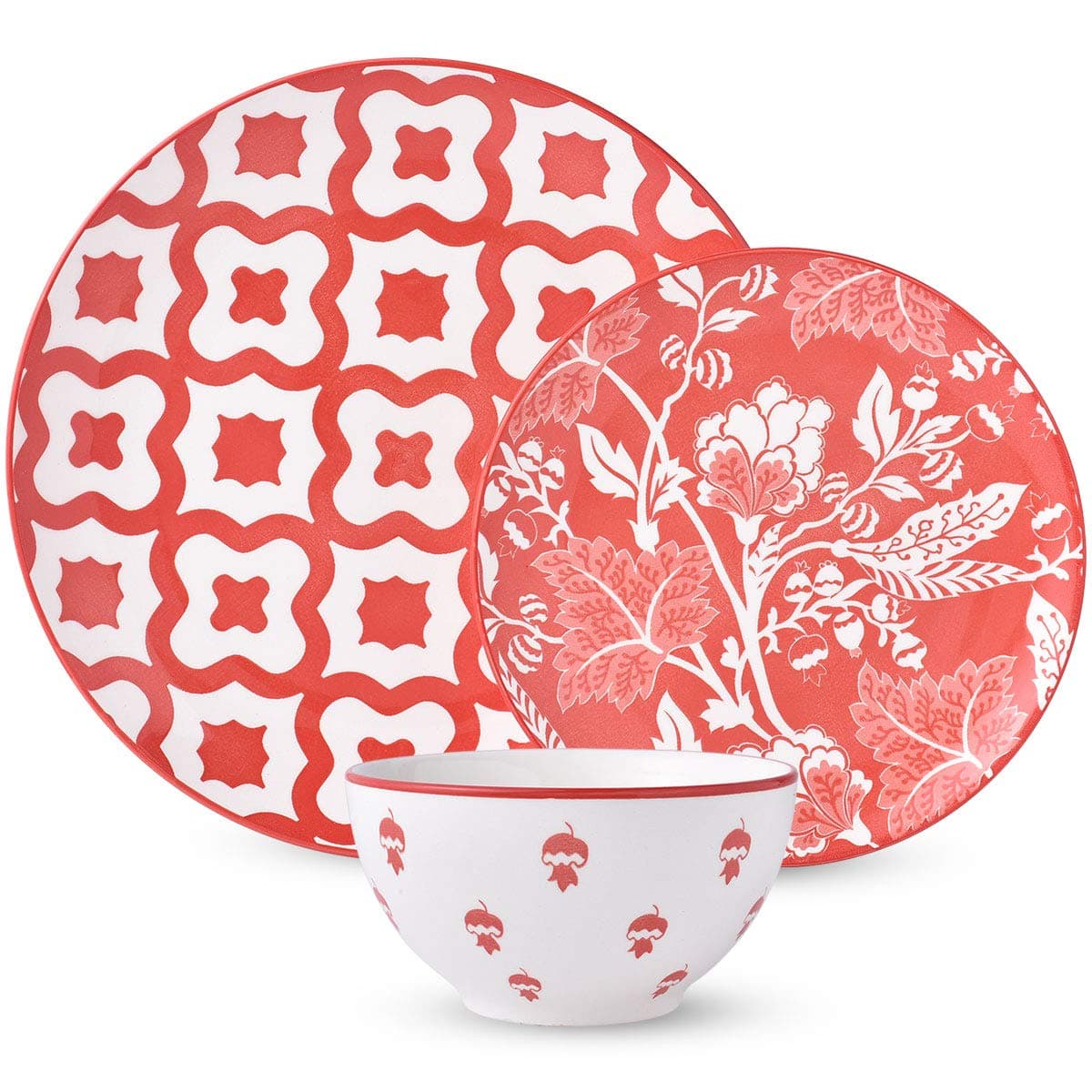 12-Piece Dinnerware Set，DL Stylish Dishes Dinner Plate Set Service for 4, Red Ceiba