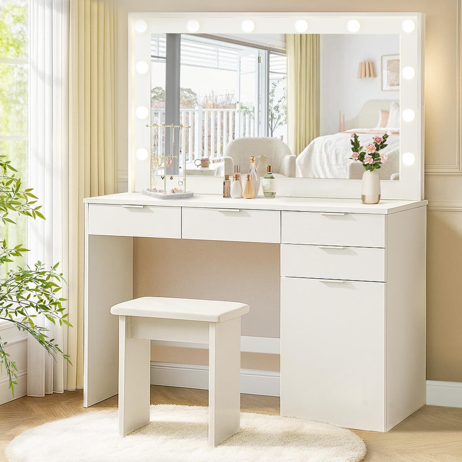 LEMROE Dressing table with Hollywood LED mirror and stool, 3 Adjustable Light Brightness, White Makeup Vanity Table with 4 Drawers and Cabinet for Bedroom, Modern Women Girls Beauty Desk
