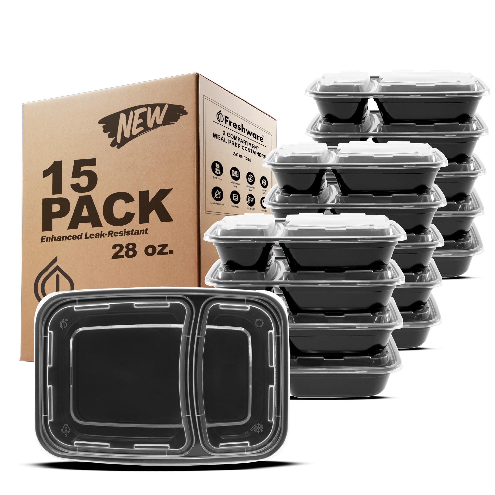 Meal Prep Containers [15 Pack] 2 Compartment with Lids, Food Storage Containers, Bento Box, BPA Free, Stackable, Microwave/Dishwasher/Freezer Safe (28 oz), Black