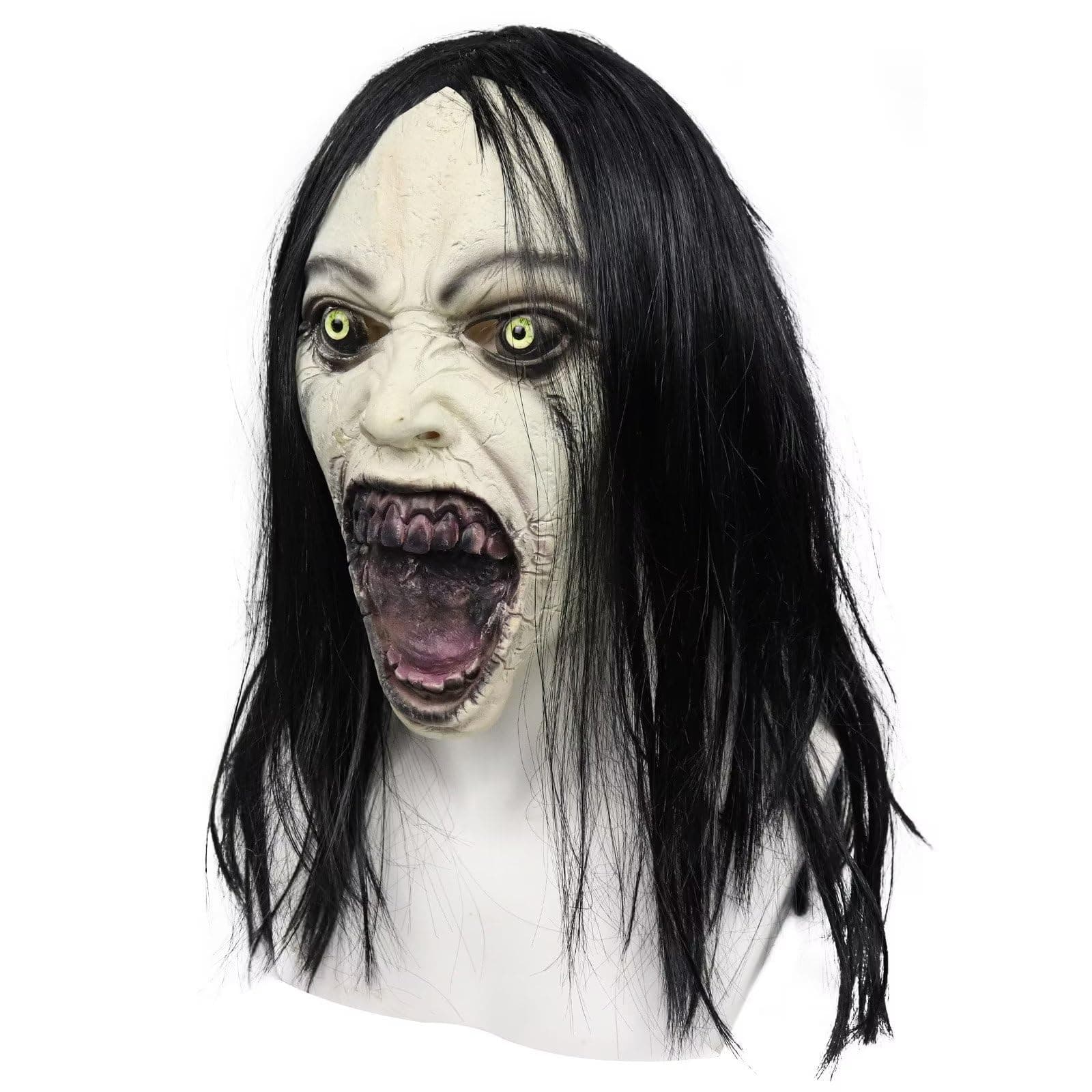 Horror Crying Woman Mask with Wigs Scary Evil Ghost Devil Creepy Demon Full Head Latxe Mask Horror Halloween Masquerade Party Cosplay Props