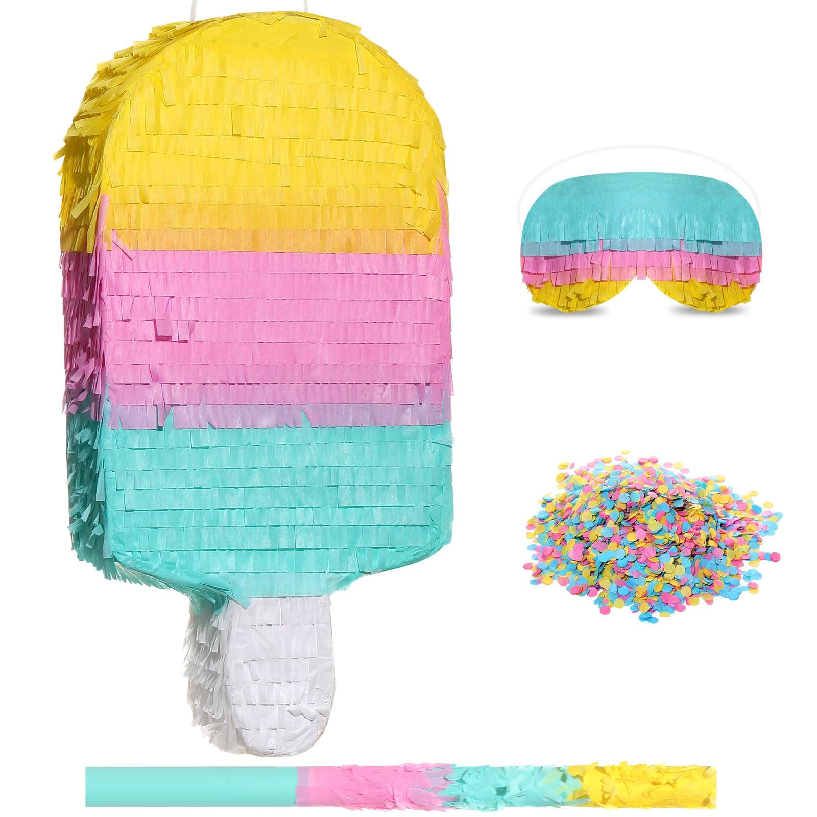 Ice Cream Piñata Includes Stick Blindfold Confetti Summer Piñata Ice Cream Sweet Party Supplies for Kids Birthday Party Decor, 16.1 x 7.9 x 3.2 Inches